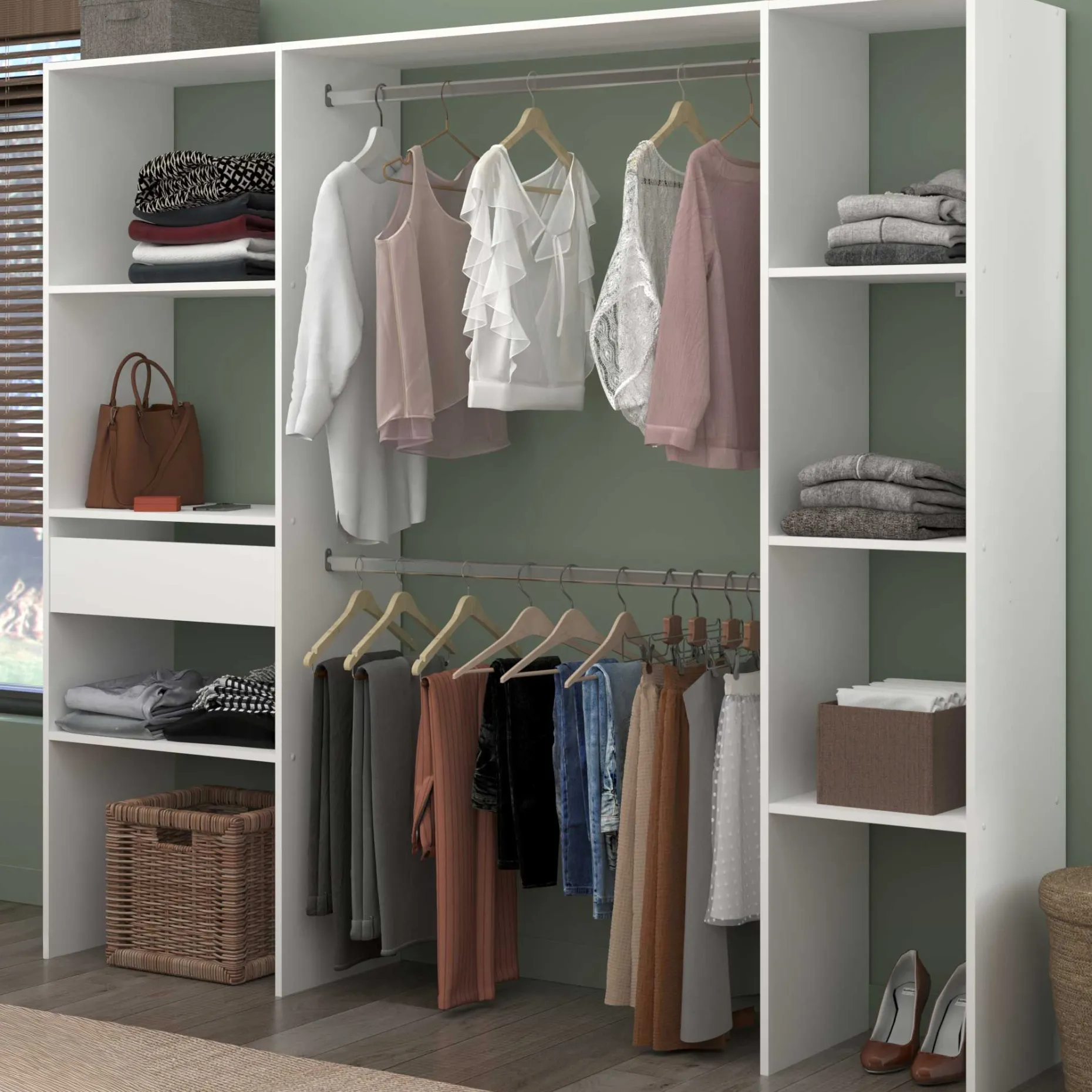 Kleiderschrank Botan 198cm, 6 Einlegeböden, 2 Kleiderstangen und 1 Schublade - weiß