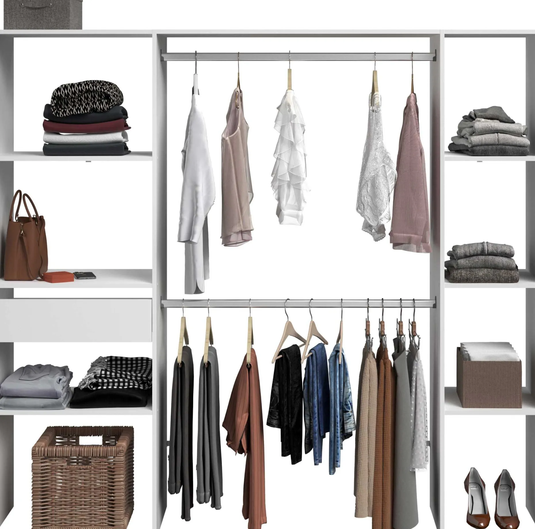 Kleiderschrank Botan 198cm, 6 Einlegeböden, 2 Kleiderstangen und 1 Schublade - weiß