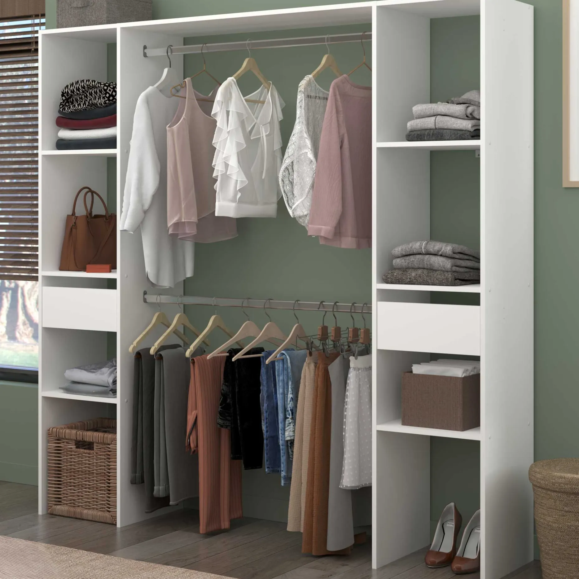 Kleiderschrank Botan 176cm, 6 Einlegeböden, 2 Kleiderstangen und 2 Schubladen - weiß