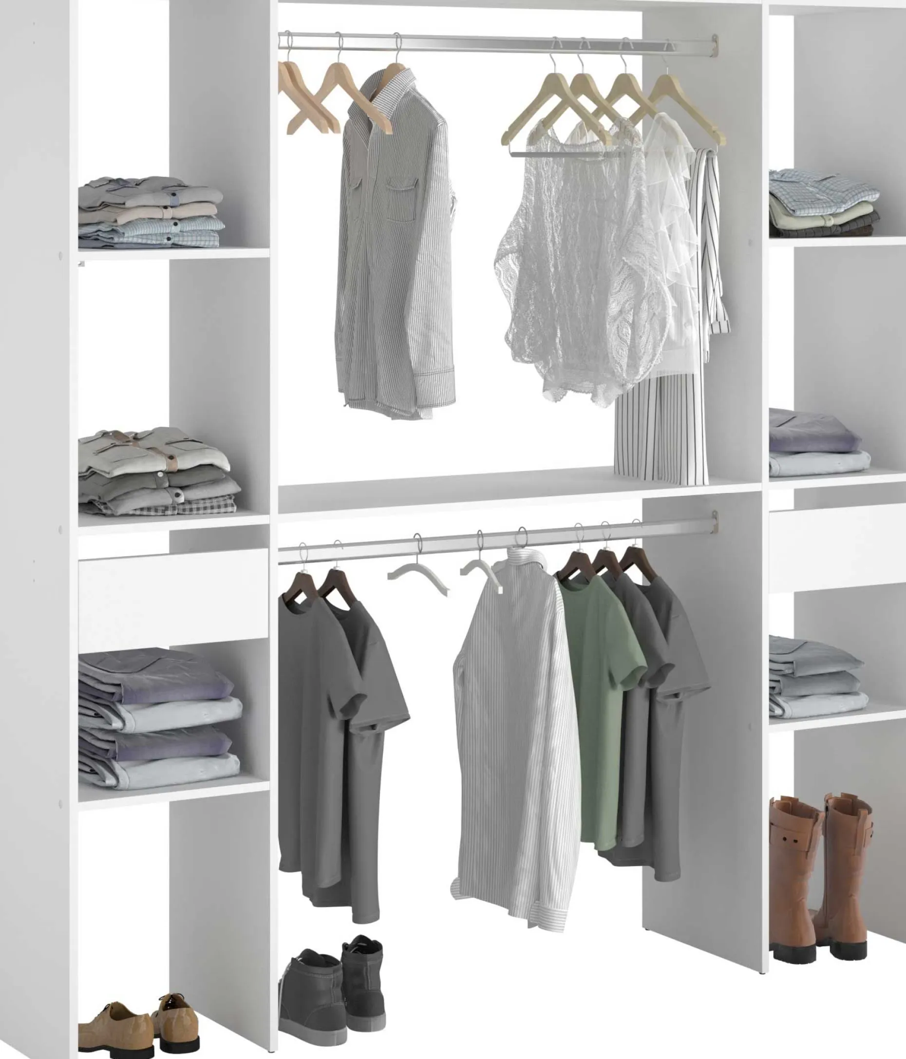 Kleiderschrank Botan 176cm, 6 Einlegeböden, 2 Kleiderstangen und 2 Schubladen - weiß