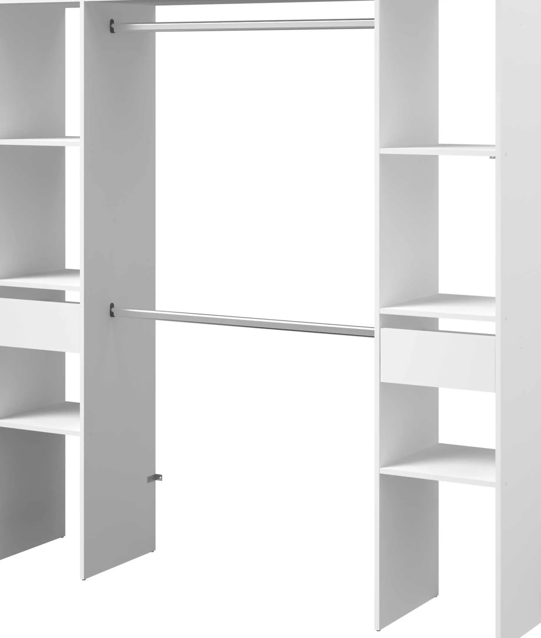 Kleiderschrank Botan 176cm, 6 Einlegeböden, 2 Kleiderstangen und 2 Schubladen - weiß