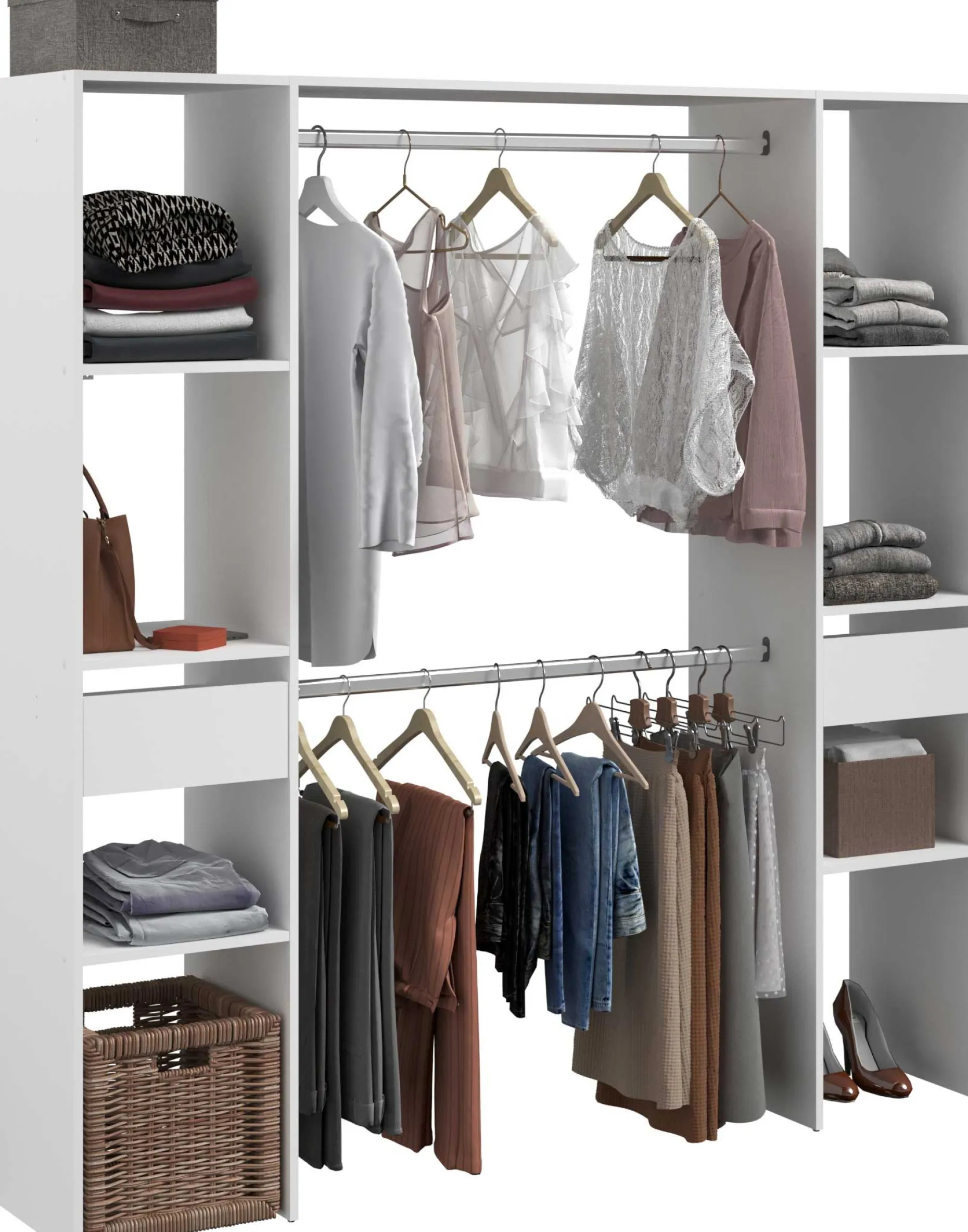 Kleiderschrank Botan 176cm, 6 Einlegeböden, 2 Kleiderstangen und 2 Schubladen - weiß