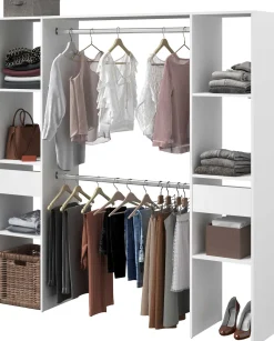 Kleiderschrank Botan 176cm, 6 Einlegeböden, 2 Kleiderstangen und 2 Schubladen - weiß