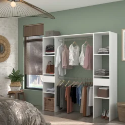 Kleiderschrank Botan 176cm, 6 Einlegeböden, 2 Kleiderstangen und 2 Schubladen - weiß