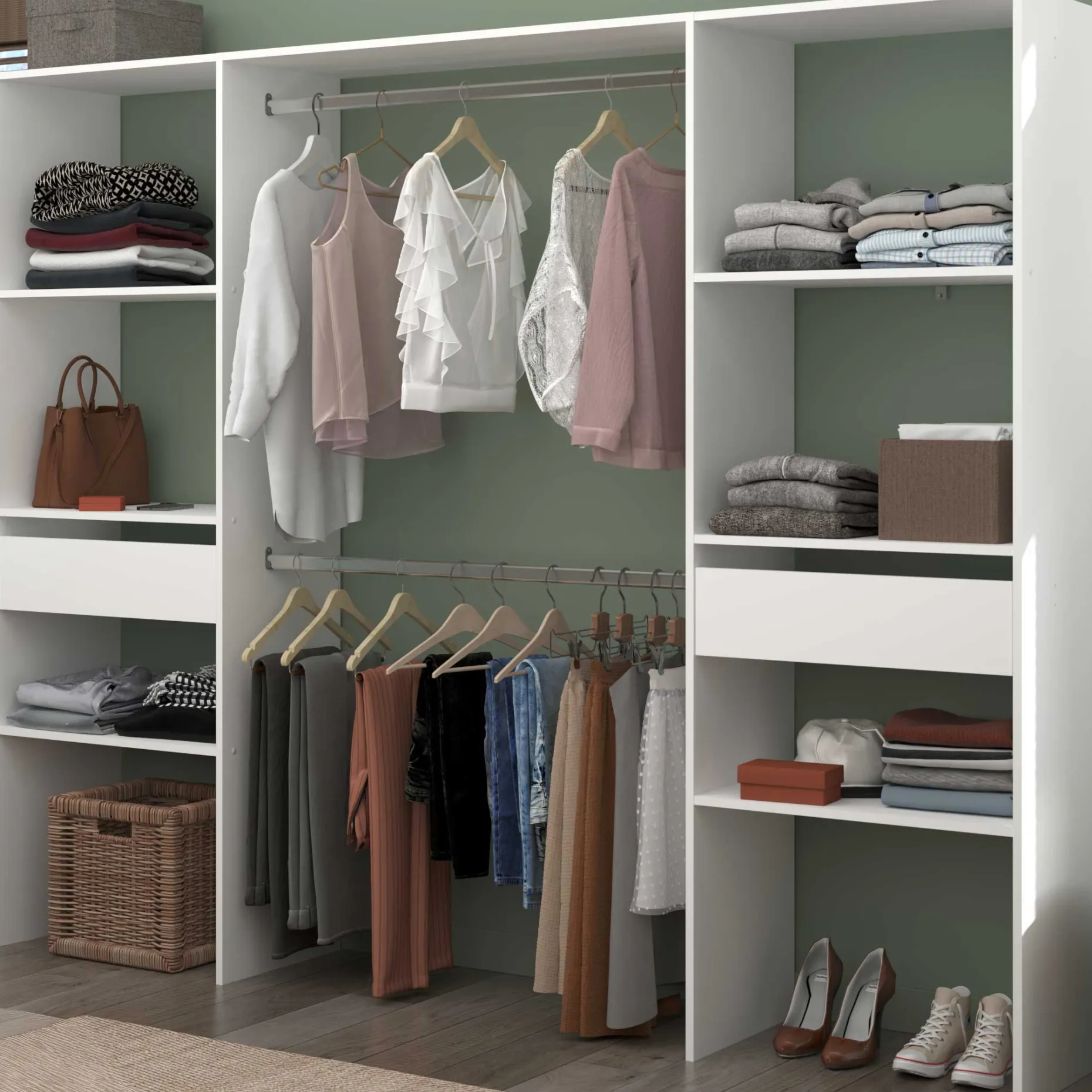 Kleiderschrank Botan 220cm, 6 Einlegeböden, 2 Kleiderstangen und 2 Schubladen - weiß