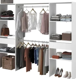 Kleiderschrank Botan 220cm, 6 Einlegeböden, 2 Kleiderstangen und 2 Schubladen - weiß