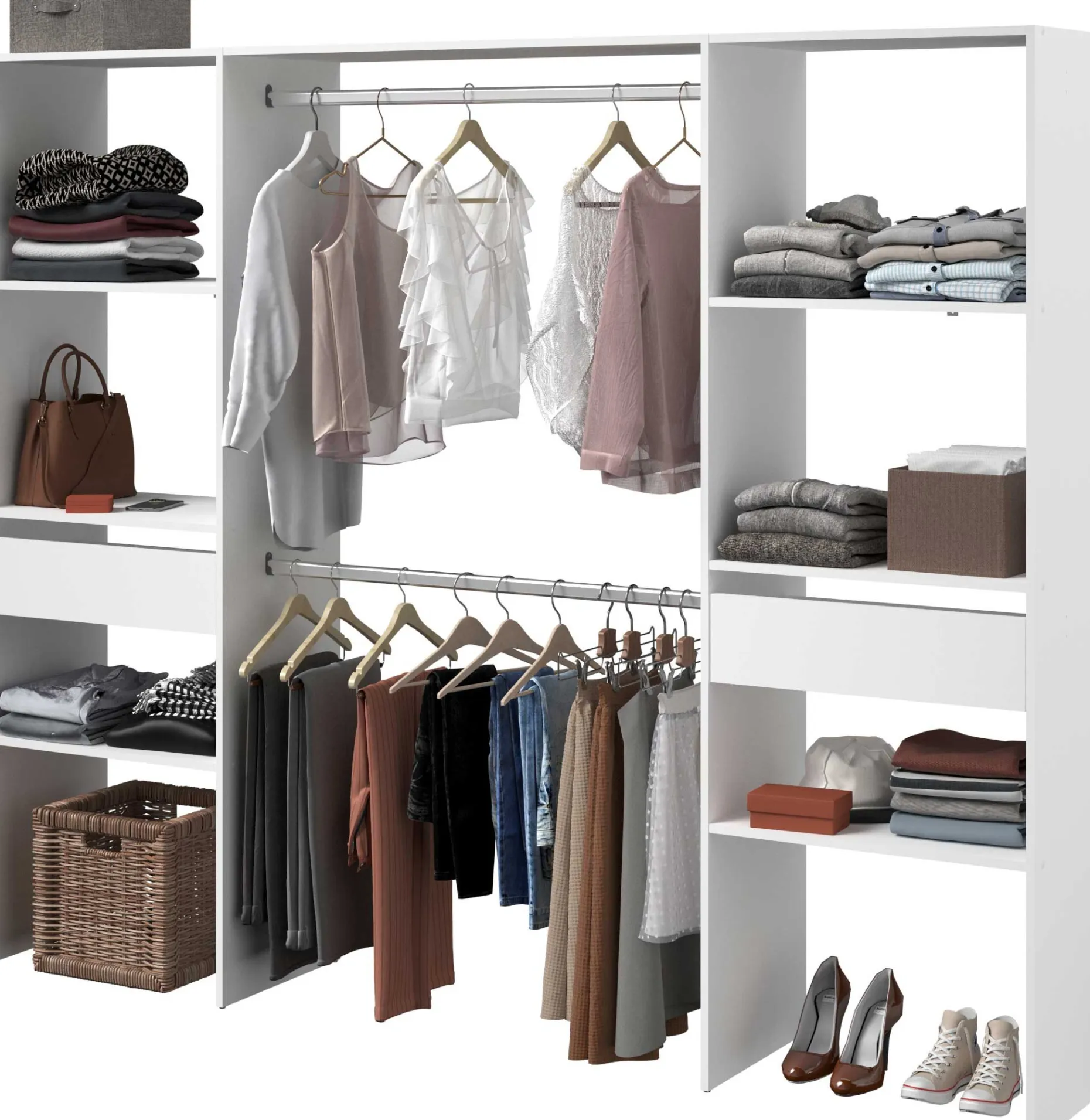 Kleiderschrank Botan 220cm, 6 Einlegeböden, 2 Kleiderstangen und 2 Schubladen - weiß