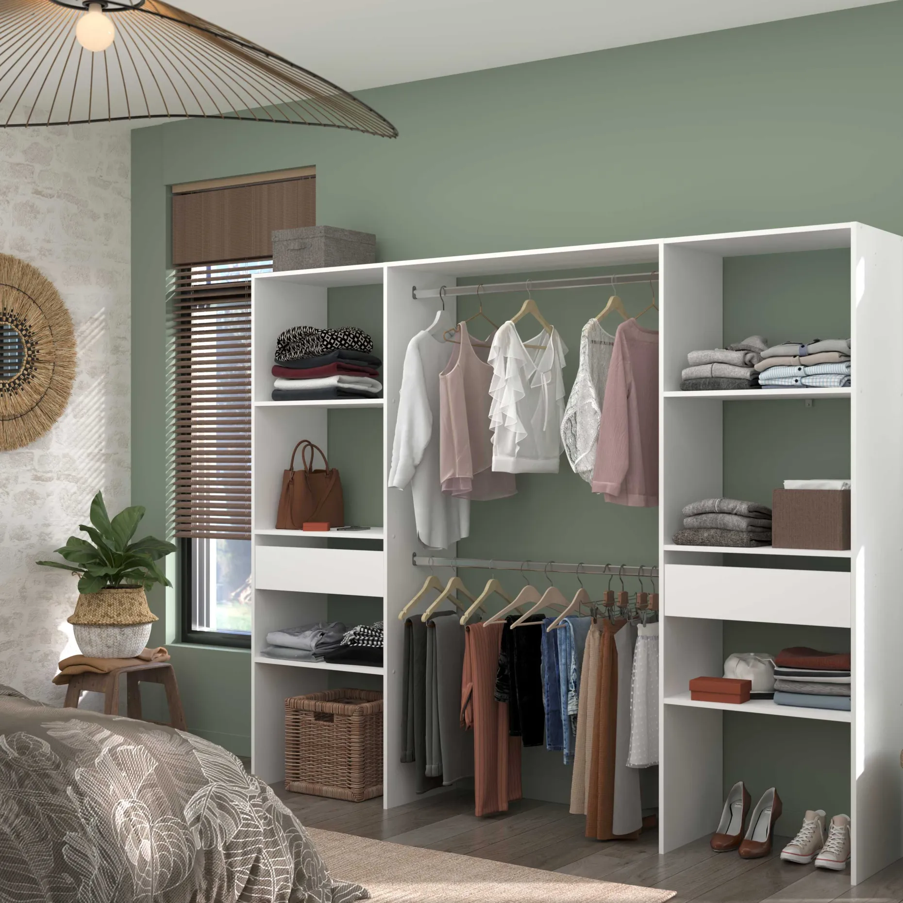 Kleiderschrank Botan 220cm, 6 Einlegeböden, 2 Kleiderstangen und 2 Schubladen - weiß