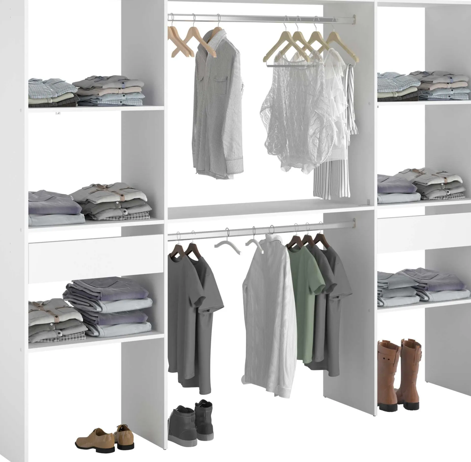 Kleiderschrank Botan 220cm, 6 Einlegeböden, 2 Kleiderstangen und 2 Schubladen - weiß