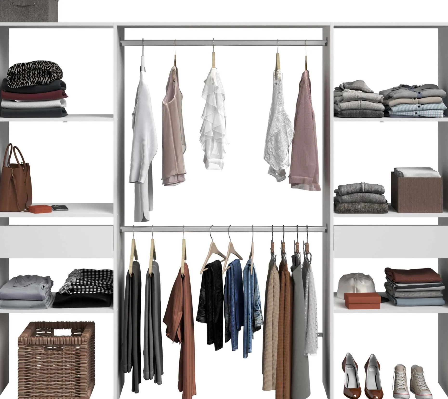 Kleiderschrank Botan 220cm, 6 Einlegeböden, 2 Kleiderstangen und 2 Schubladen - weiß