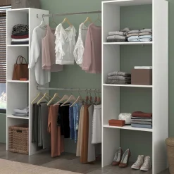 Kleiderschrank Botan 196cm, 6 Einlegeböden und 2 Kleiderstangen - weiß