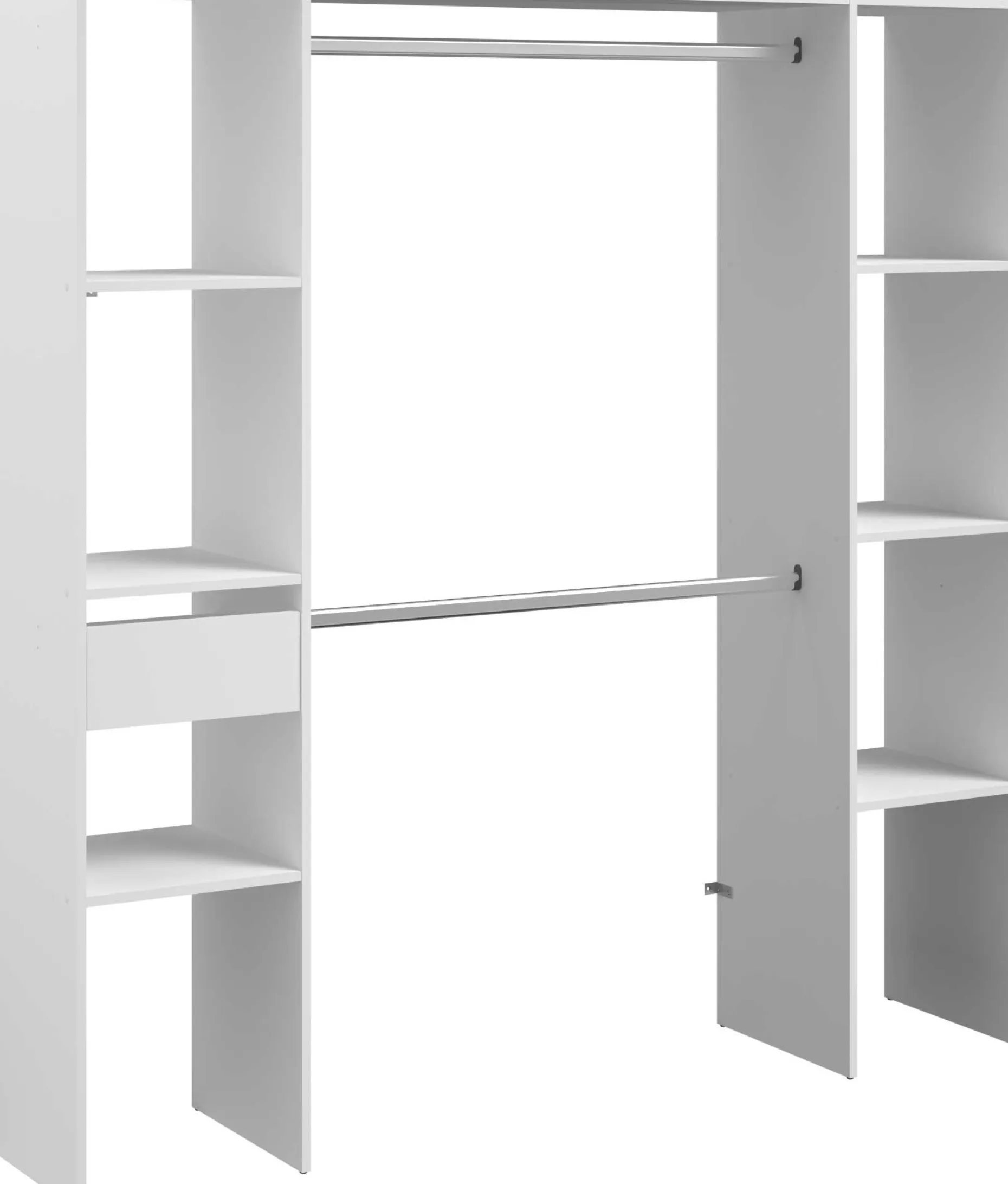 Kleiderschrank Botan 176cm, 6 Einlegeböden, 2 Kleiderstangen und 1 Schublade - weiß