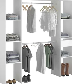 Kleiderschrank Botan 176cm, 6 Einlegeböden, 2 Kleiderstangen und 1 Schublade - weiß