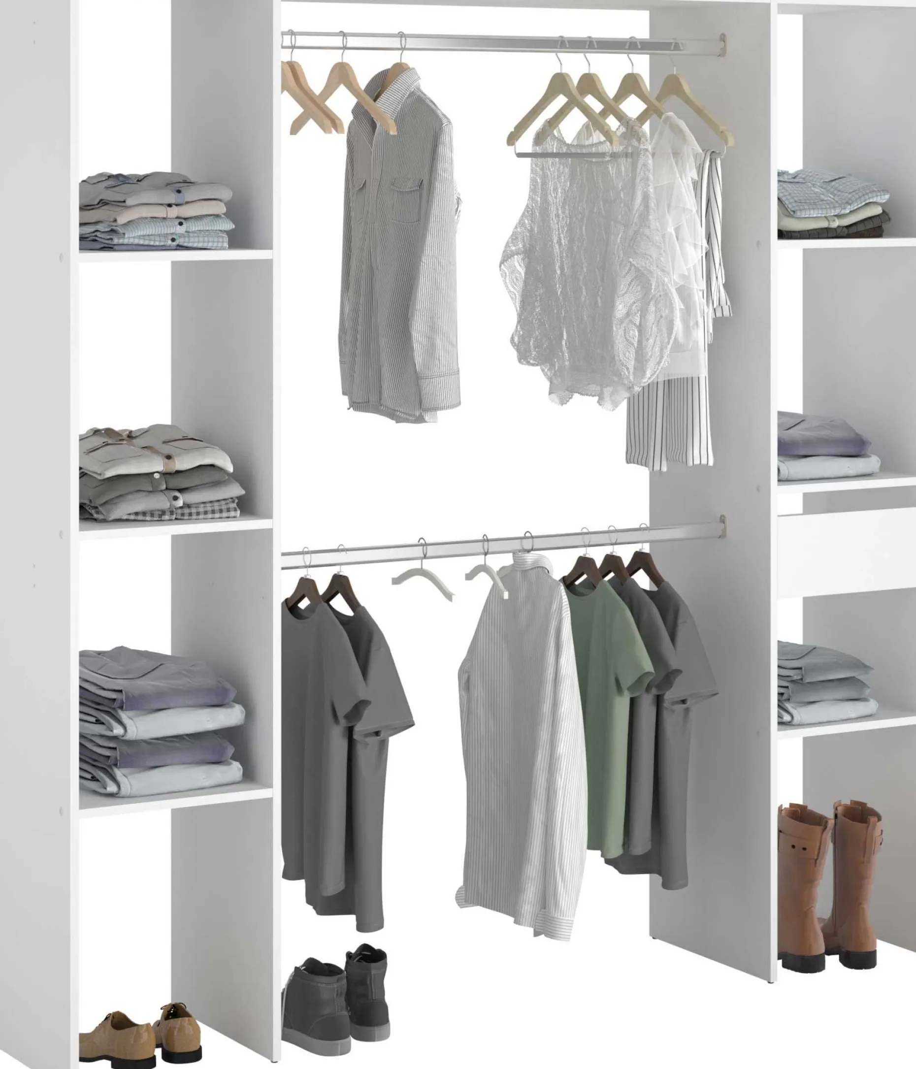 Kleiderschrank Botan 176cm, 6 Einlegeböden, 2 Kleiderstangen und 1 Schublade - weiß