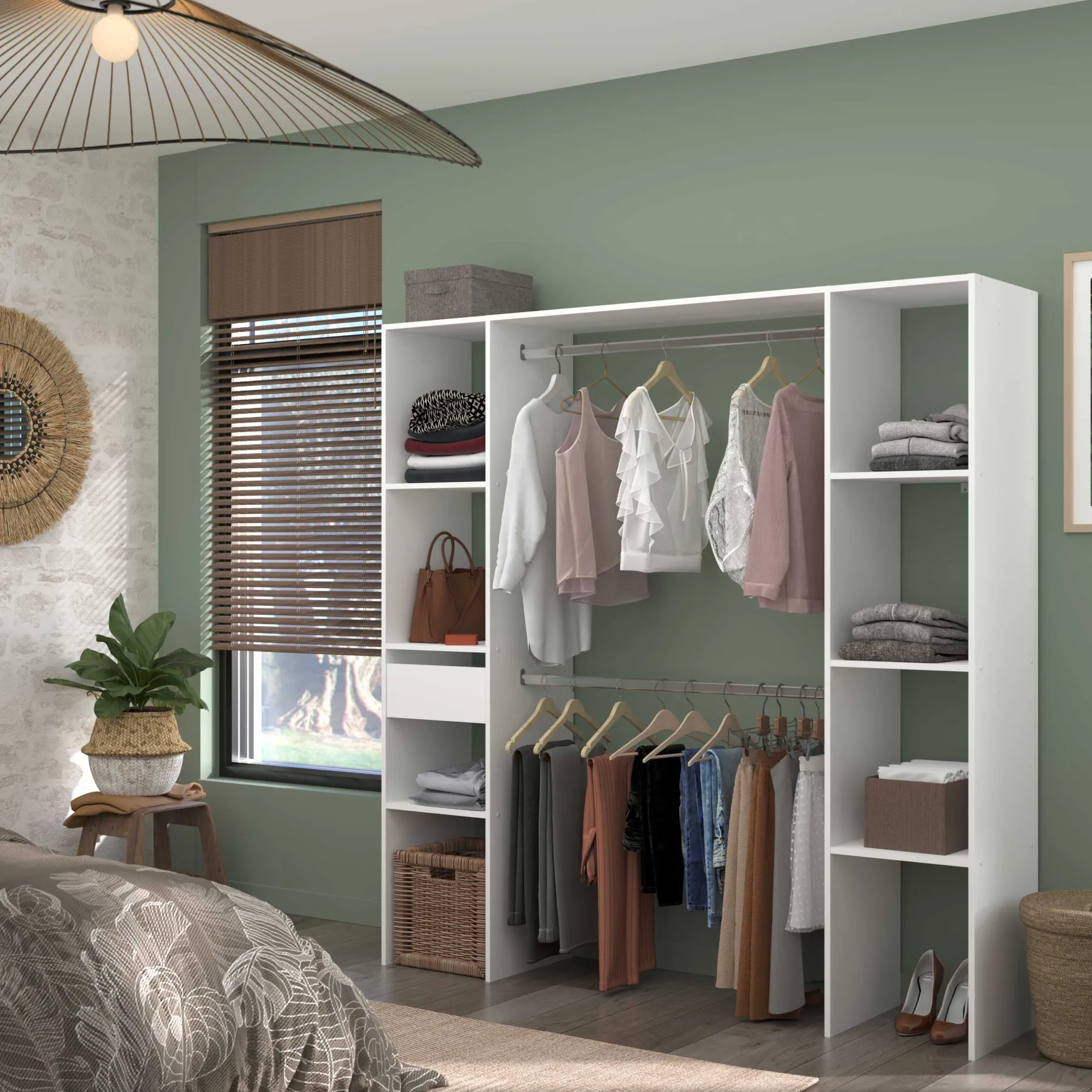 Kleiderschrank Botan 176cm, 6 Einlegeböden, 2 Kleiderstangen und 1 Schublade - weiß