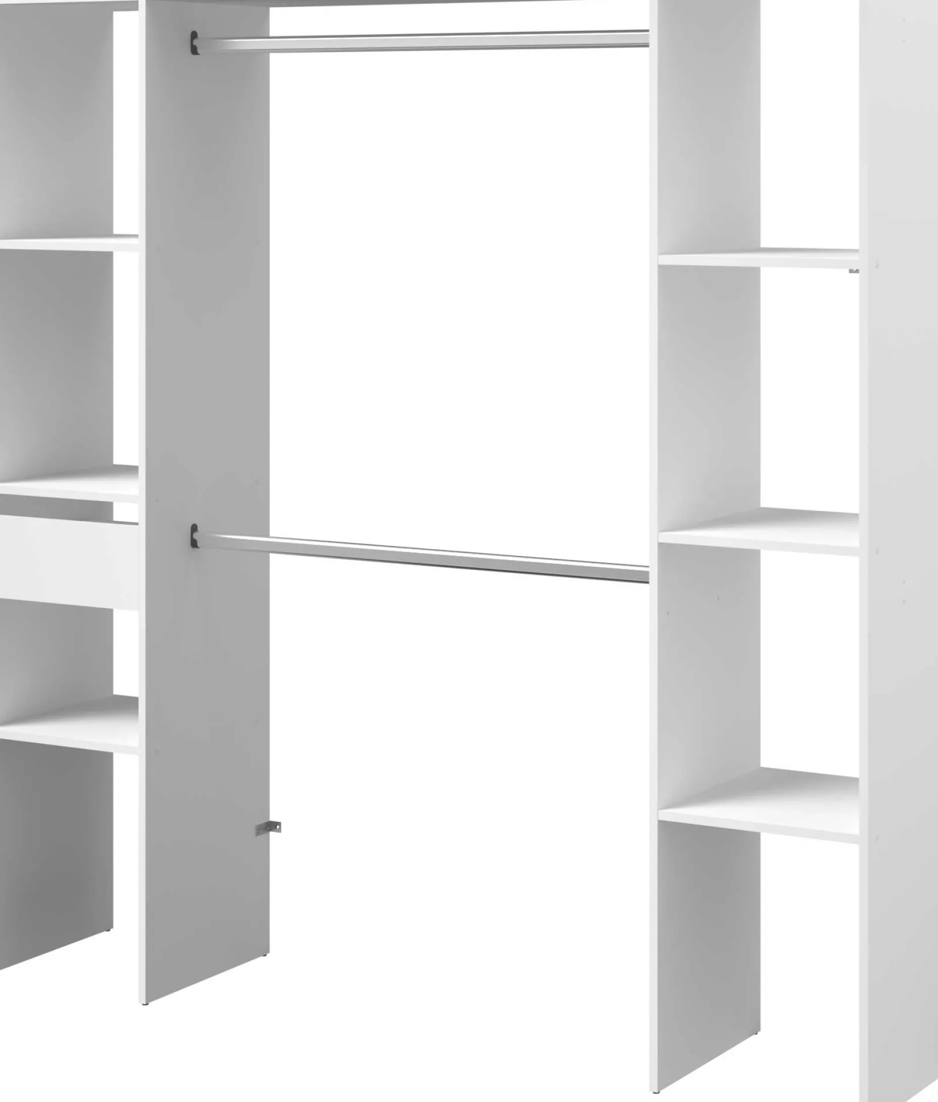 Kleiderschrank Botan 176cm, 6 Einlegeböden, 2 Kleiderstangen und 1 Schublade - weiß