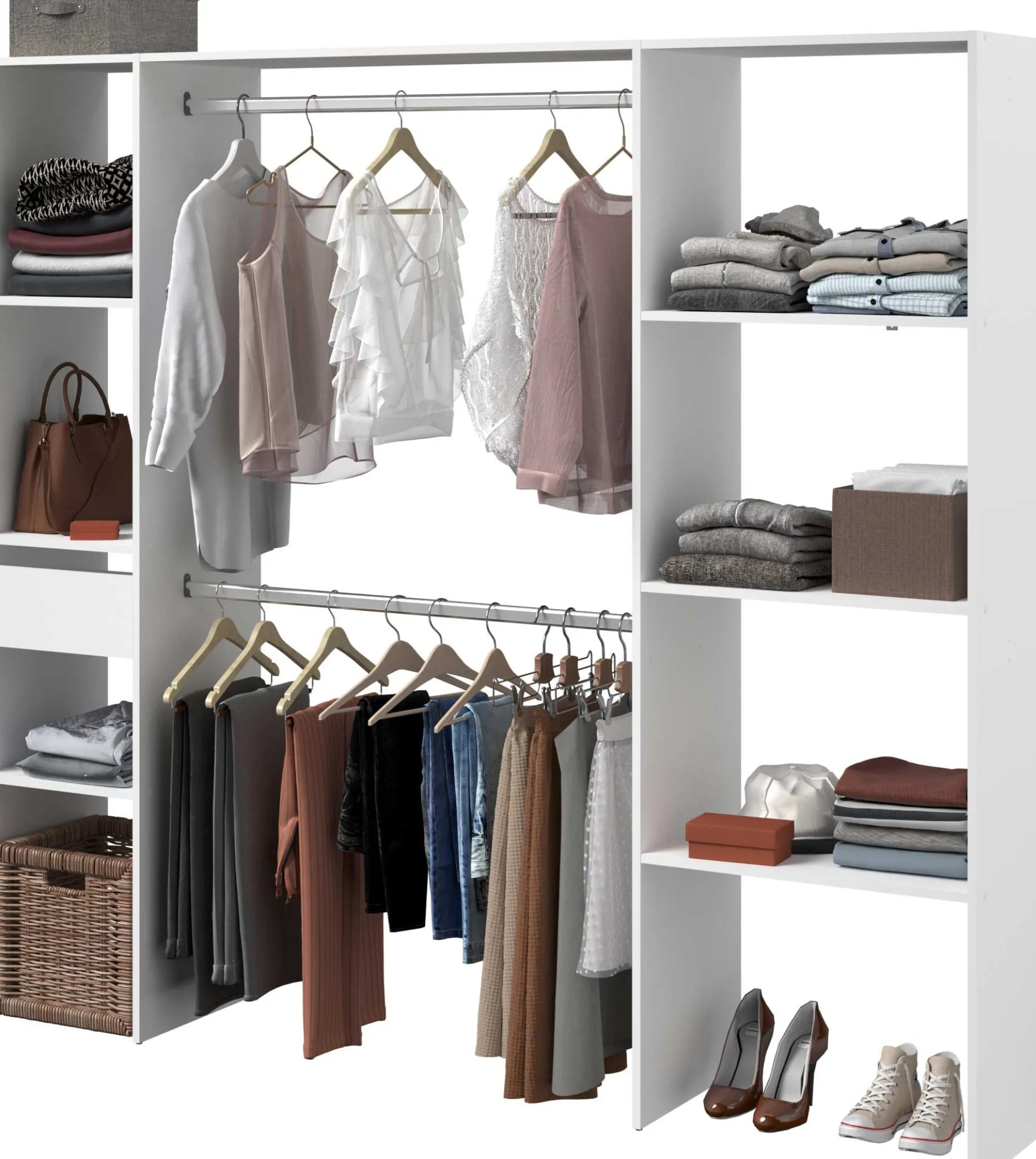 Kleiderschrank Botan 198cm, 6 Einlegeböden, 2 Kleiderstangen und 1 Schublade - weiß