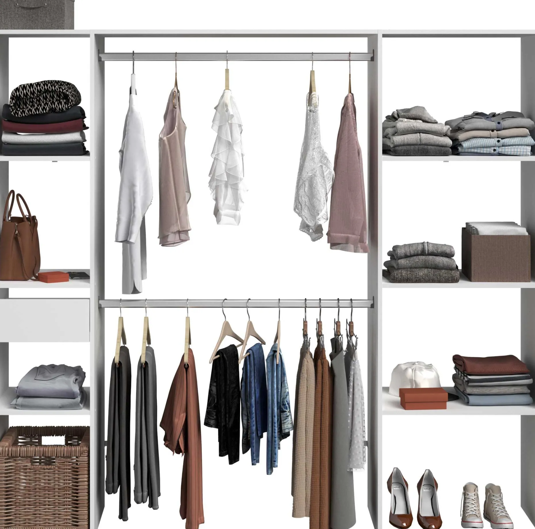 Kleiderschrank Botan 198cm, 6 Einlegeböden, 2 Kleiderstangen und 1 Schublade - weiß