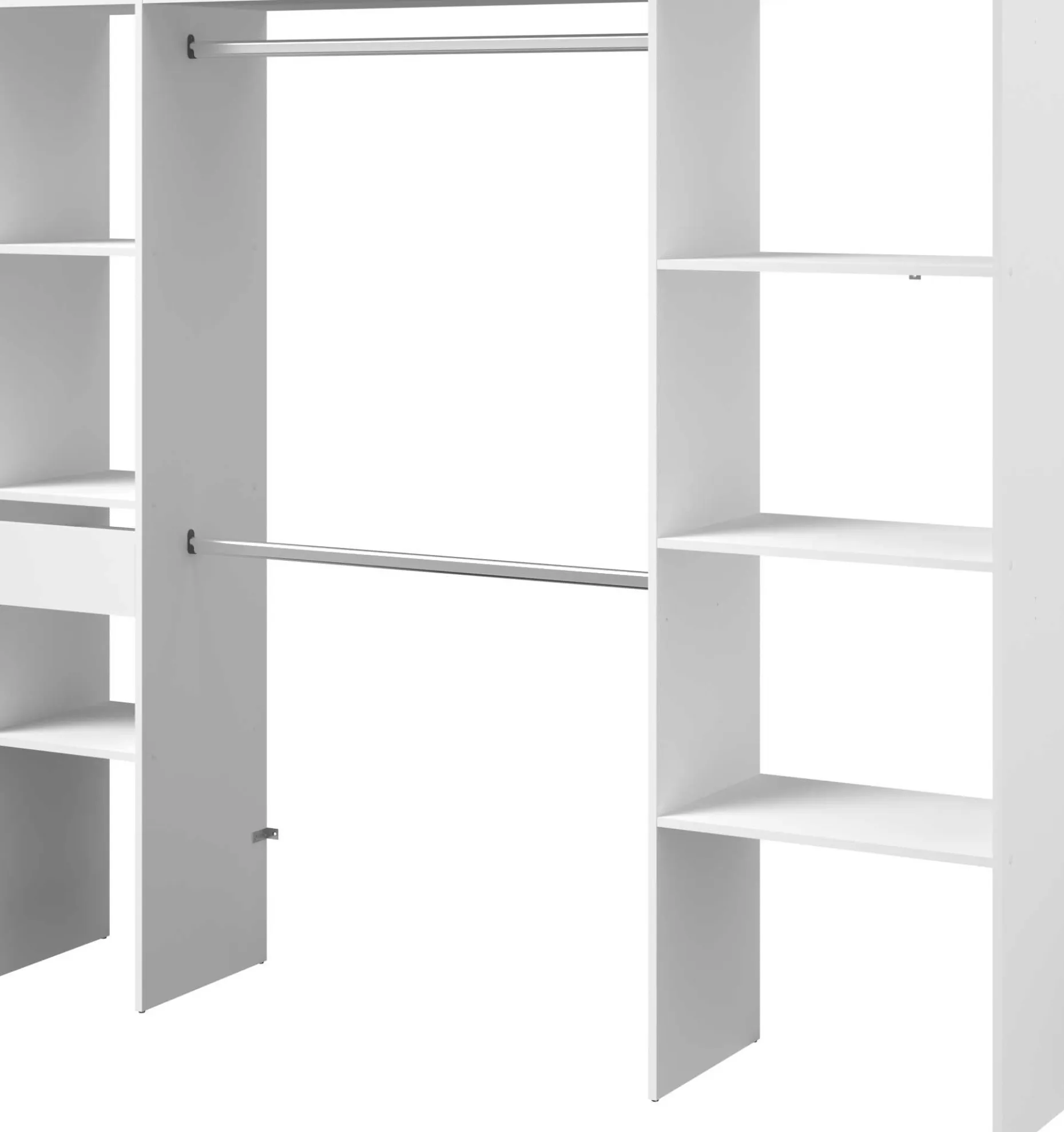 Kleiderschrank Botan 198cm, 6 Einlegeböden, 2 Kleiderstangen und 1 Schublade - weiß