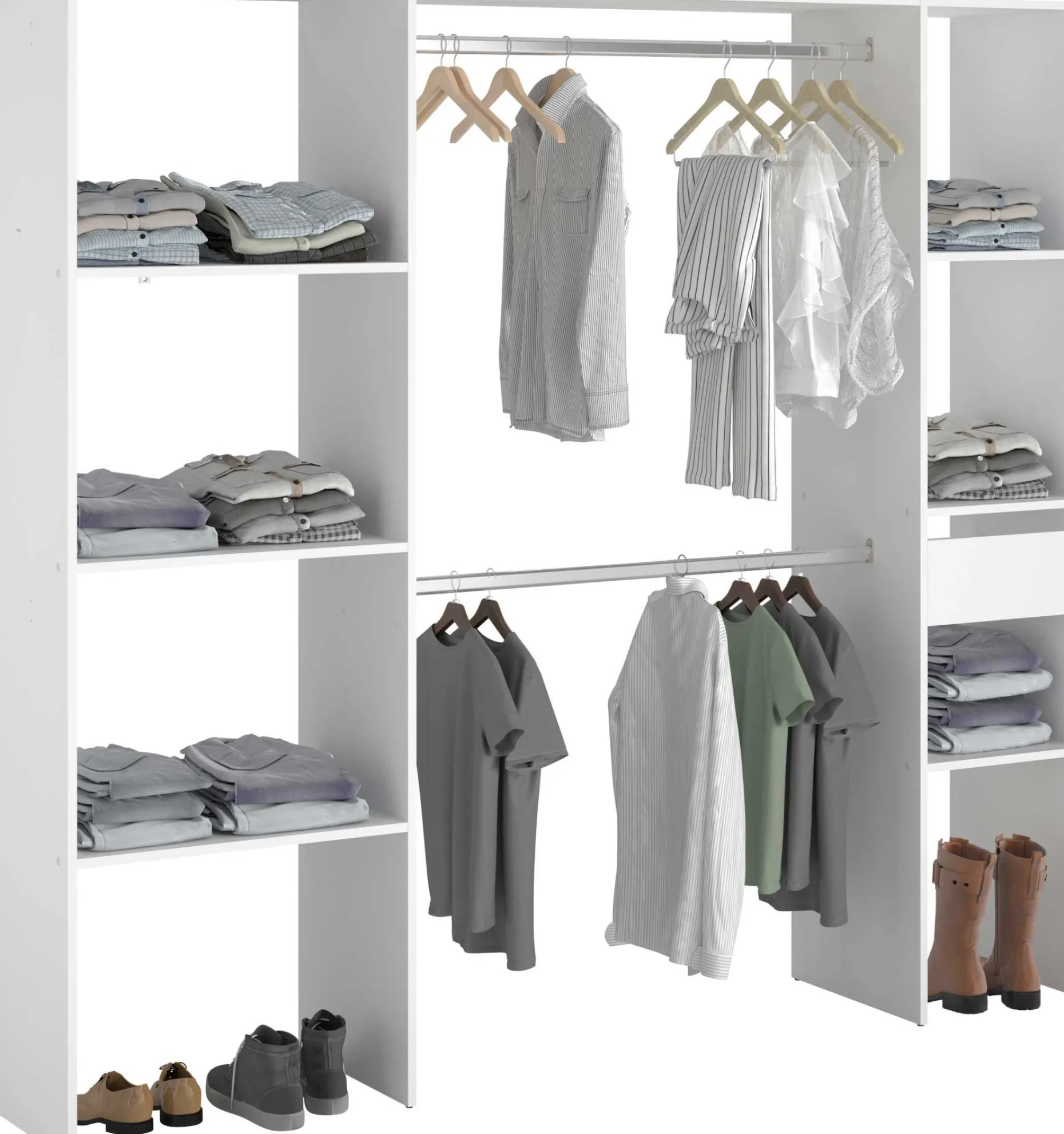 Kleiderschrank Botan 198cm, 6 Einlegeböden, 2 Kleiderstangen und 1 Schublade - weiß