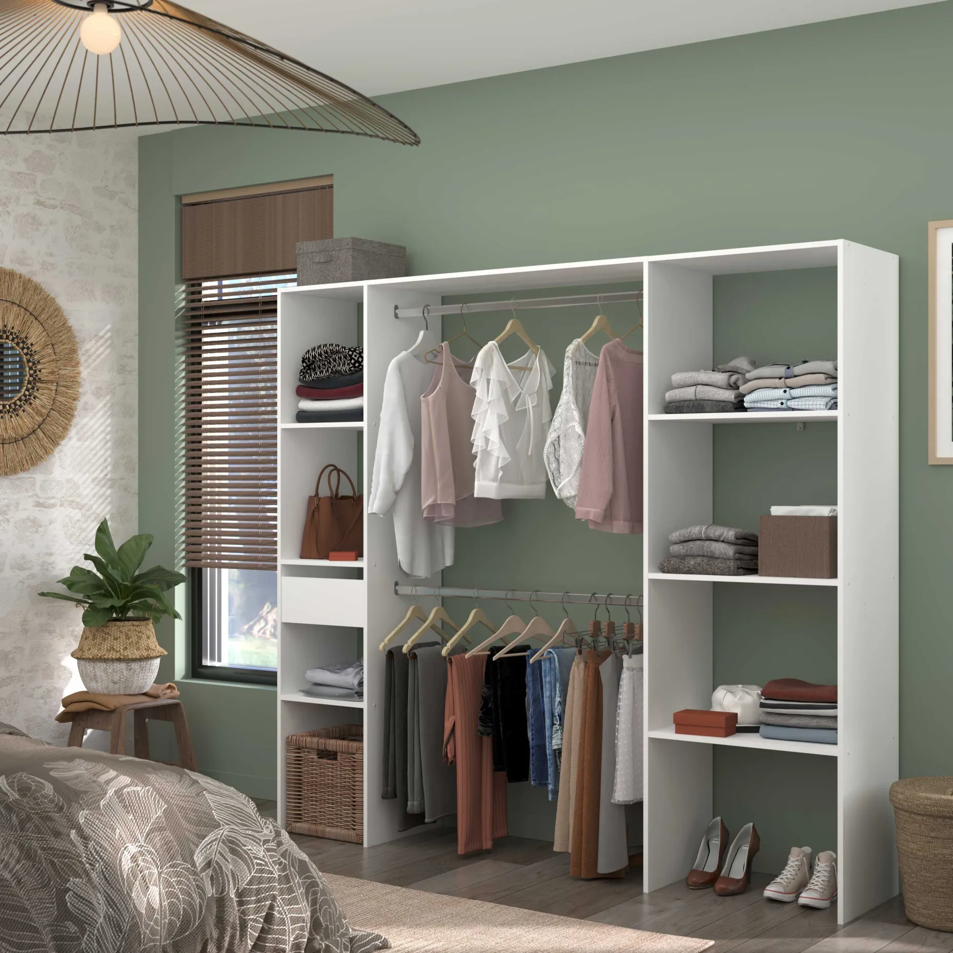 Kleiderschrank Botan 198cm, 6 Einlegeböden, 2 Kleiderstangen und 1 Schublade - weiß