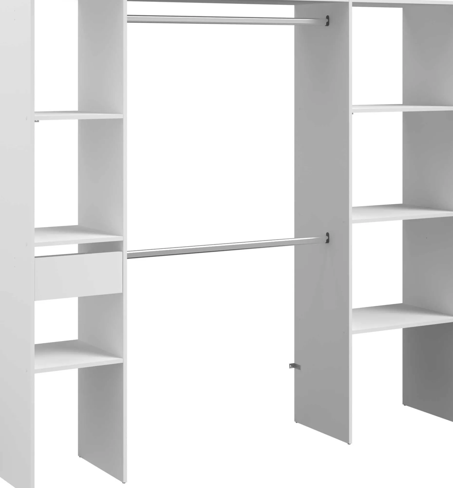 Kleiderschrank Botan 198cm, 6 Einlegeböden, 2 Kleiderstangen und 1 Schublade - weiß
