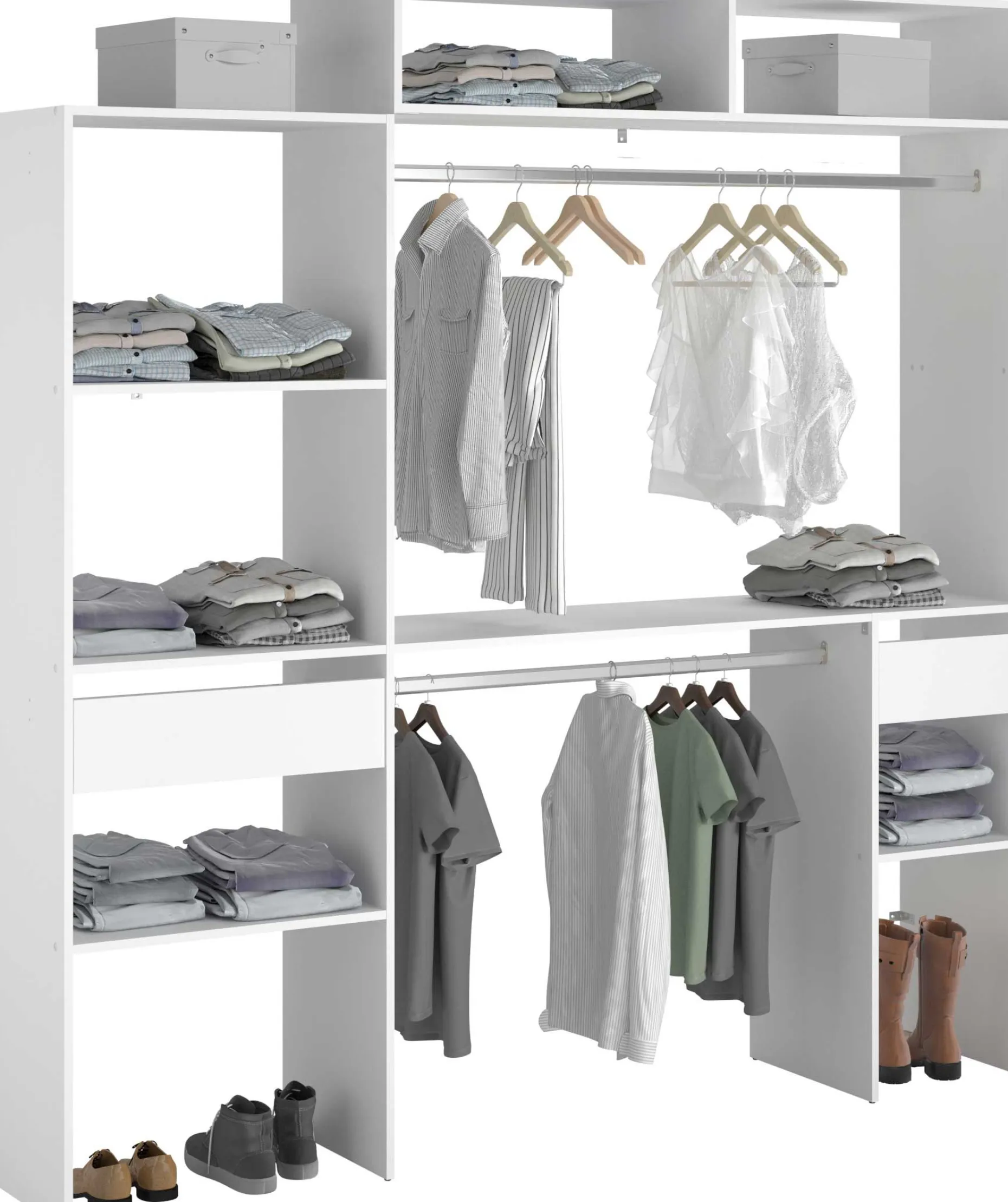 Kleiderschrank Botan 140 - 198cm, 4 Einlegeböden, 2 Kleiderstangen, 2 Schubladen - weiß