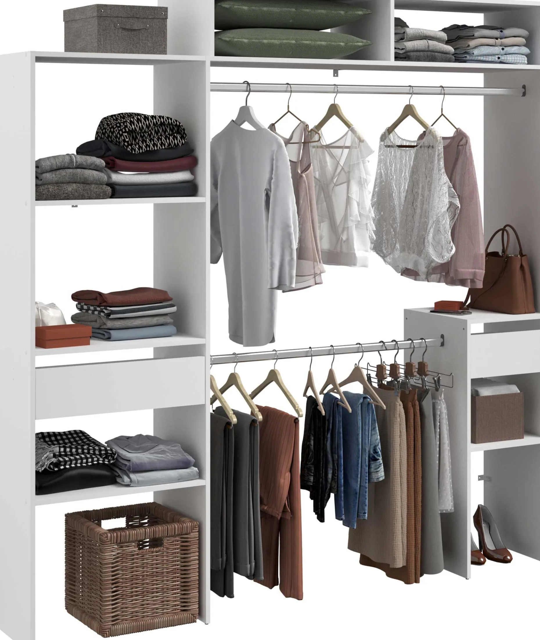 Kleiderschrank Botan 140 - 198cm, 4 Einlegeböden, 2 Kleiderstangen, 2 Schubladen - weiß