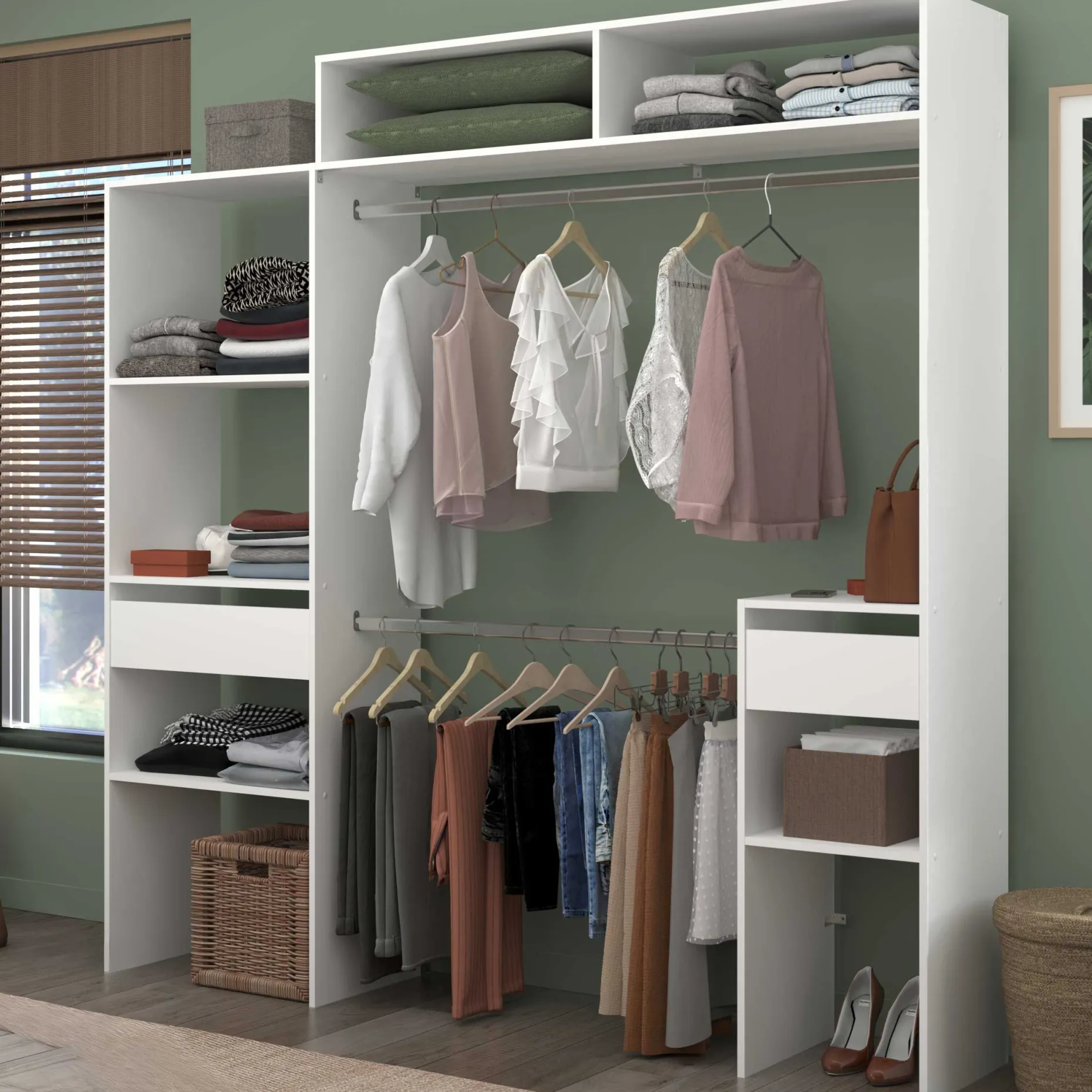 Kleiderschrank Botan 140 - 198cm, 4 Einlegeböden, 2 Kleiderstangen, 2 Schubladen - weiß