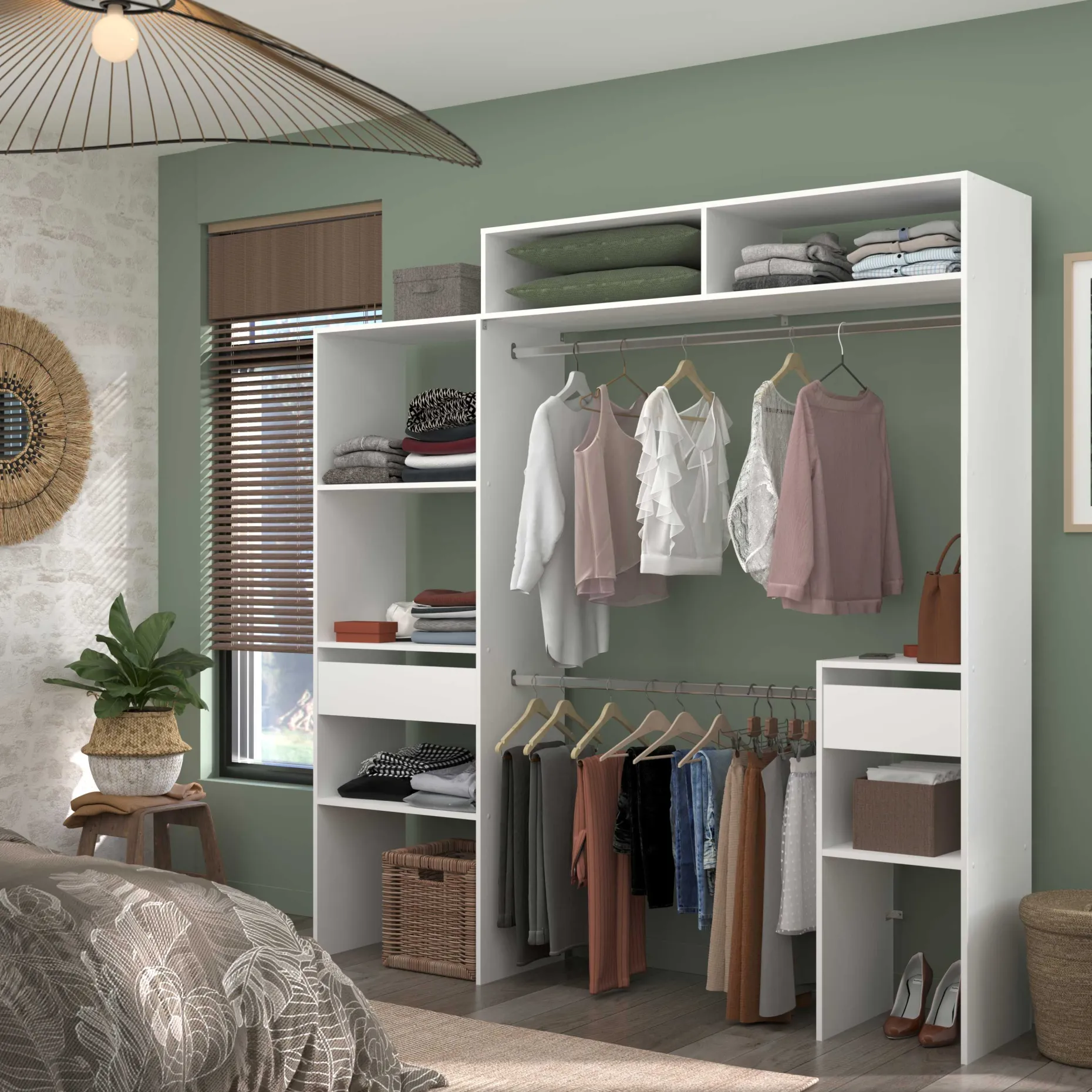 Kleiderschrank Botan 140 - 198cm, 4 Einlegeböden, 2 Kleiderstangen, 2 Schubladen - weiß