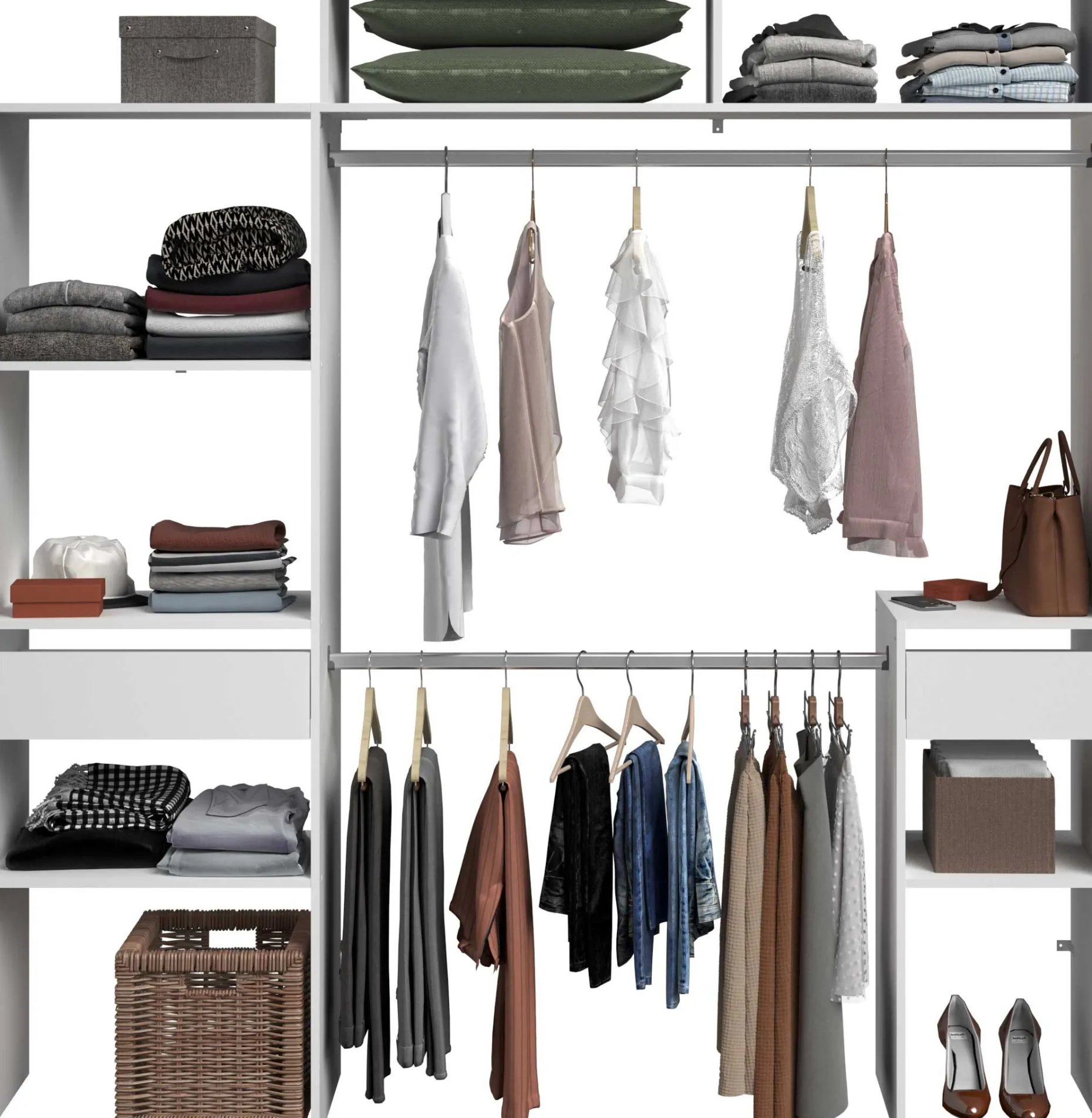 Kleiderschrank Botan 140 - 198cm, 4 Einlegeböden, 2 Kleiderstangen, 2 Schubladen - weiß