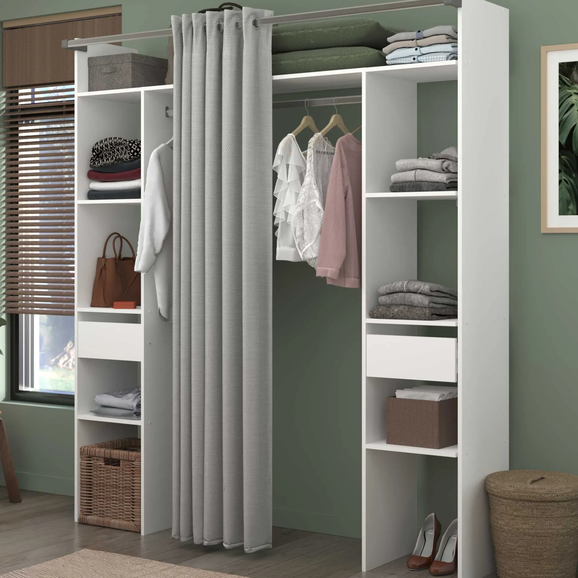Kleiderschrank Botan 176cm - mit Vorhang - 6 Einlegeböden, 2 Kleiderstangen und 2 Schubladen - weiß