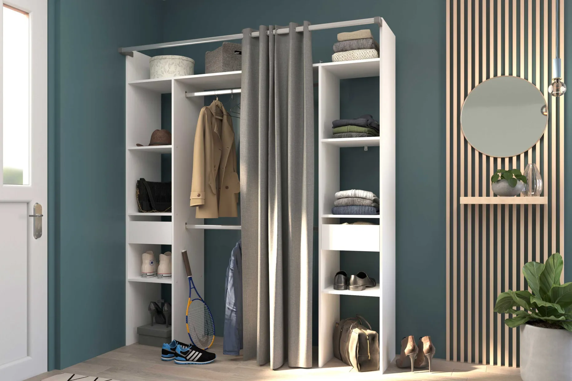 Kleiderschrank Botan 176cm - mit Vorhang - 6 Einlegeböden, 2 Kleiderstangen und 2 Schubladen - weiß