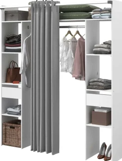 Kleiderschrank Botan 176cm - mit Vorhang - 6 Einlegeböden, 2 Kleiderstangen und 2 Schubladen - weiß