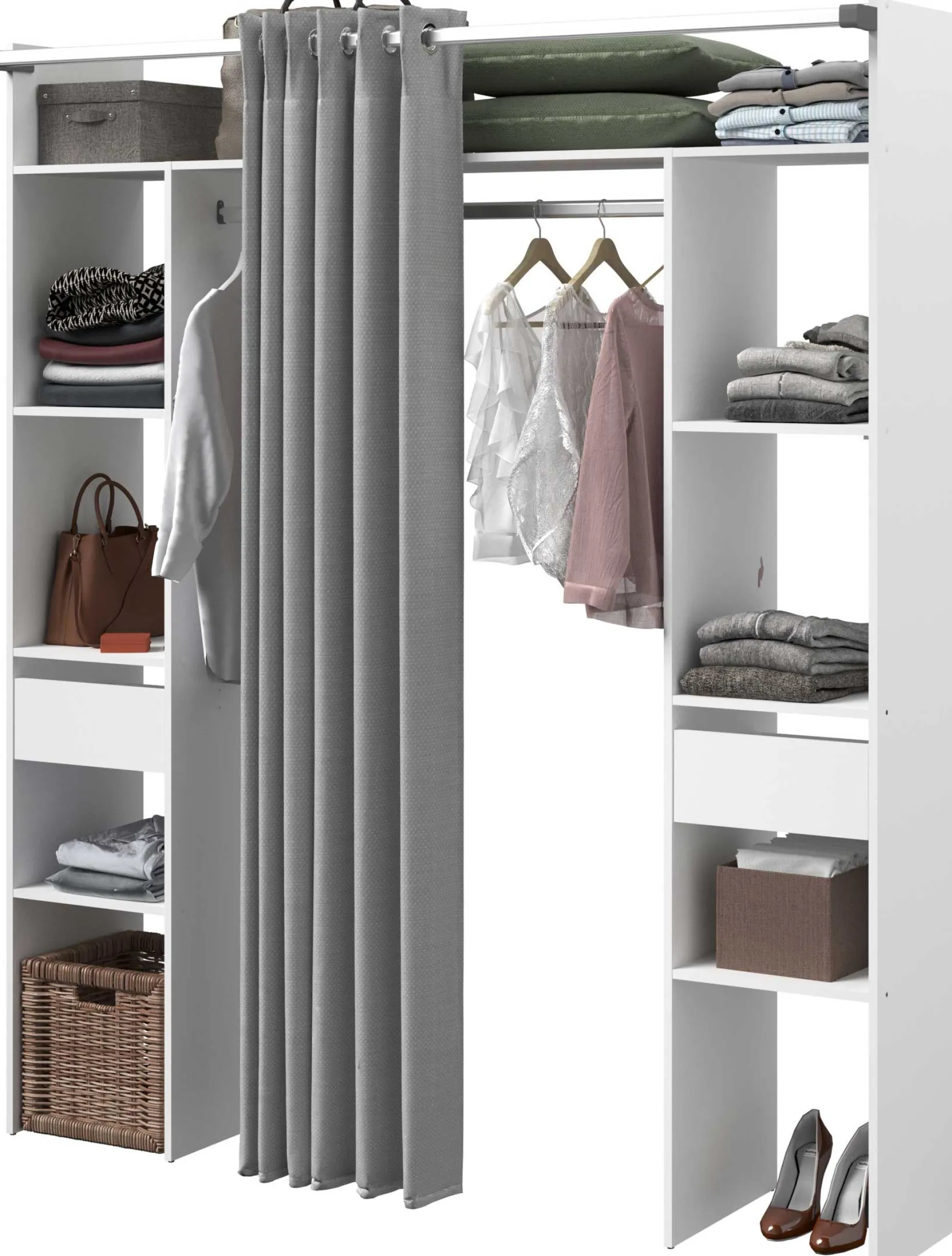 Kleiderschrank Botan 176cm - mit Vorhang - 6 Einlegeböden, 2 Kleiderstangen und 2 Schubladen - weiß