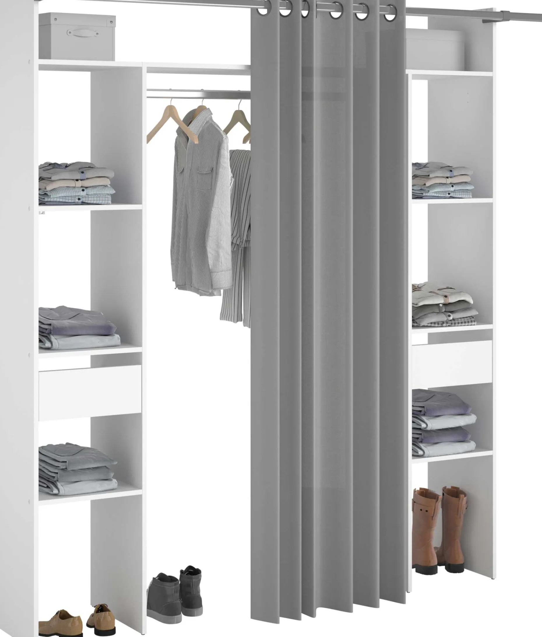 Kleiderschrank Botan 176cm - mit Vorhang - 6 Einlegeböden, 2 Kleiderstangen und 2 Schubladen - weiß