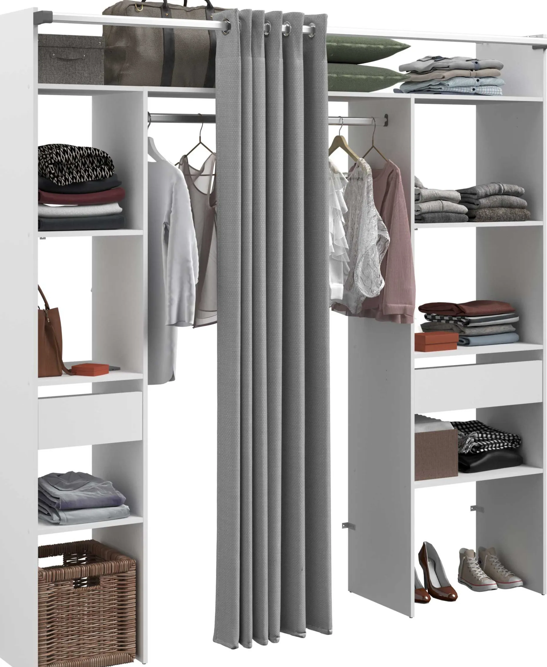 Kleiderschrank Botan 198cm - mit Vorhang - 6 Einlegeböden, 2 Kleiderstangen und 2 Schubladen - weiß