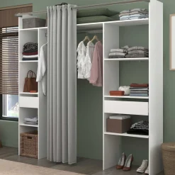Kleiderschrank Botan 198cm - mit Vorhang - 6 Einlegeböden, 2 Kleiderstangen und 2 Schubladen - weiß