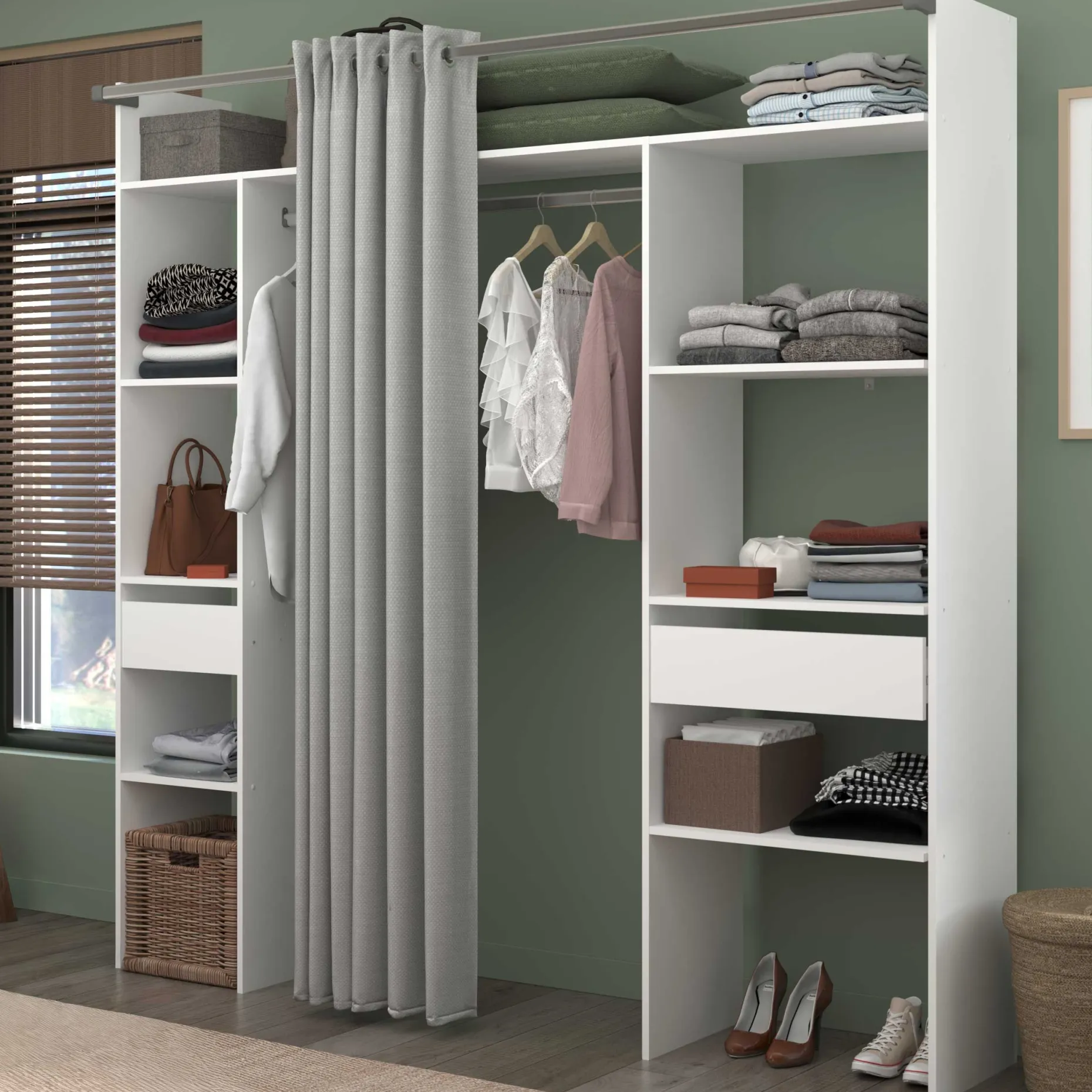 Kleiderschrank Botan 198cm - mit Vorhang - 6 Einlegeböden, 2 Kleiderstangen und 2 Schubladen - weiß