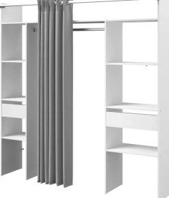Kleiderschrank Botan 198cm - mit Vorhang - 6 Einlegeböden, 2 Kleiderstangen und 2 Schubladen - weiß