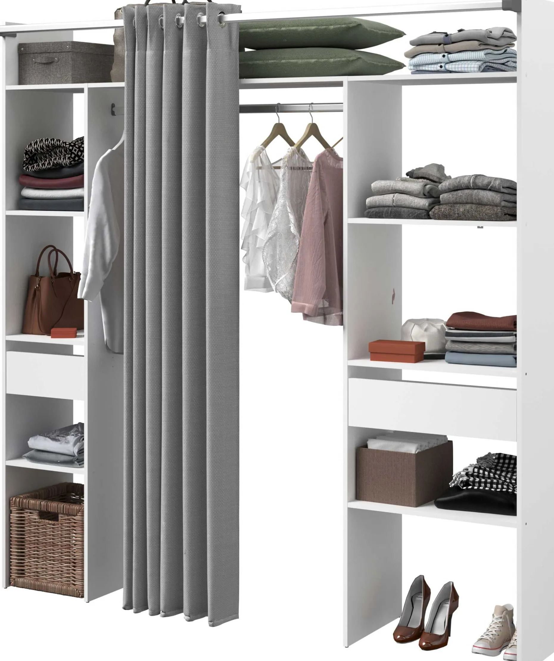 Kleiderschrank Botan 198cm - mit Vorhang - 6 Einlegeböden, 2 Kleiderstangen und 2 Schubladen - weiß