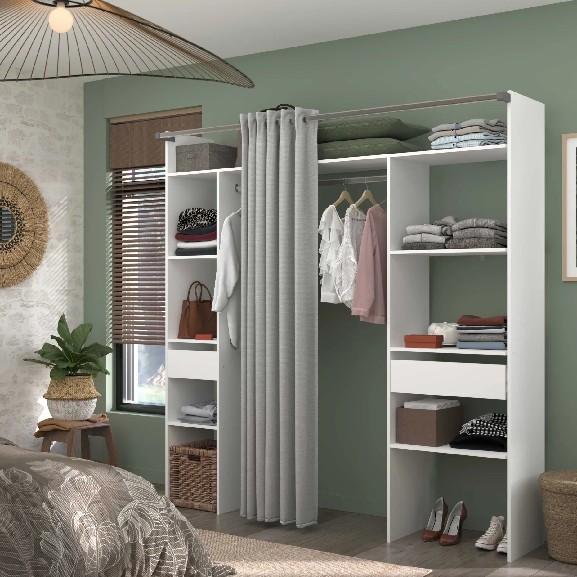 Kleiderschrank Botan 198cm - mit Vorhang - 6 Einlegeböden, 2 Kleiderstangen und 2 Schubladen - weiß