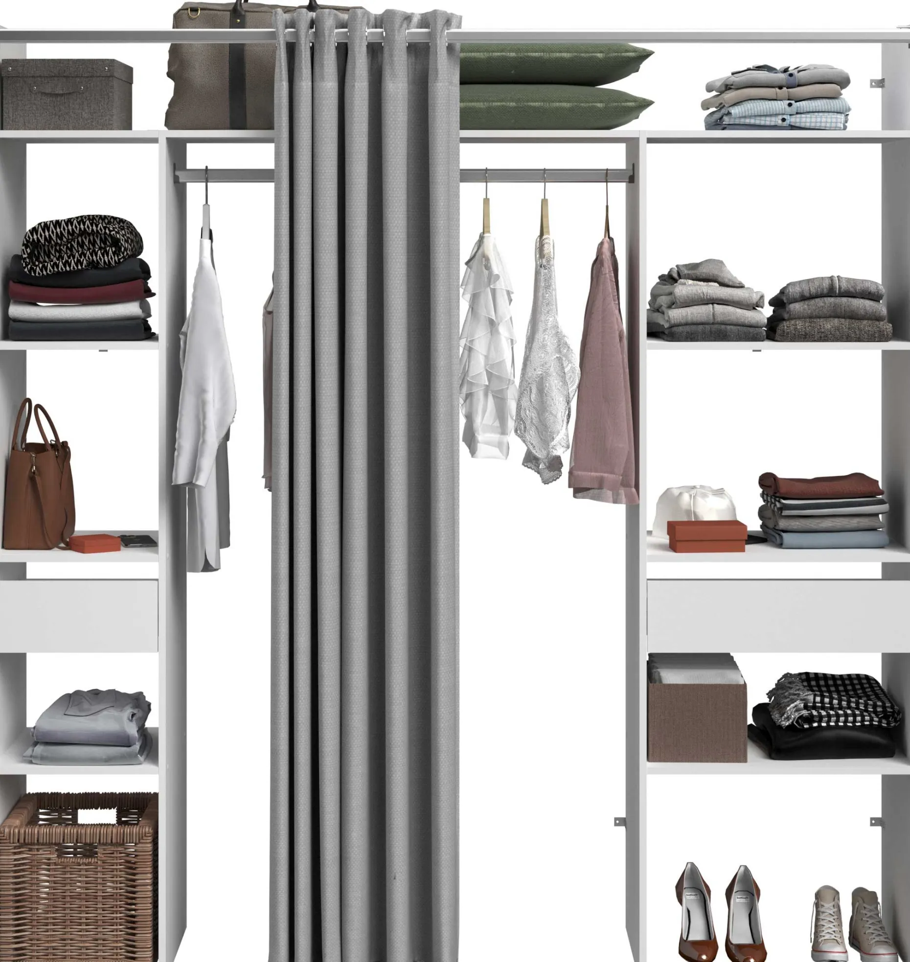 Kleiderschrank Botan 198cm - mit Vorhang - 6 Einlegeböden, 2 Kleiderstangen und 2 Schubladen - weiß