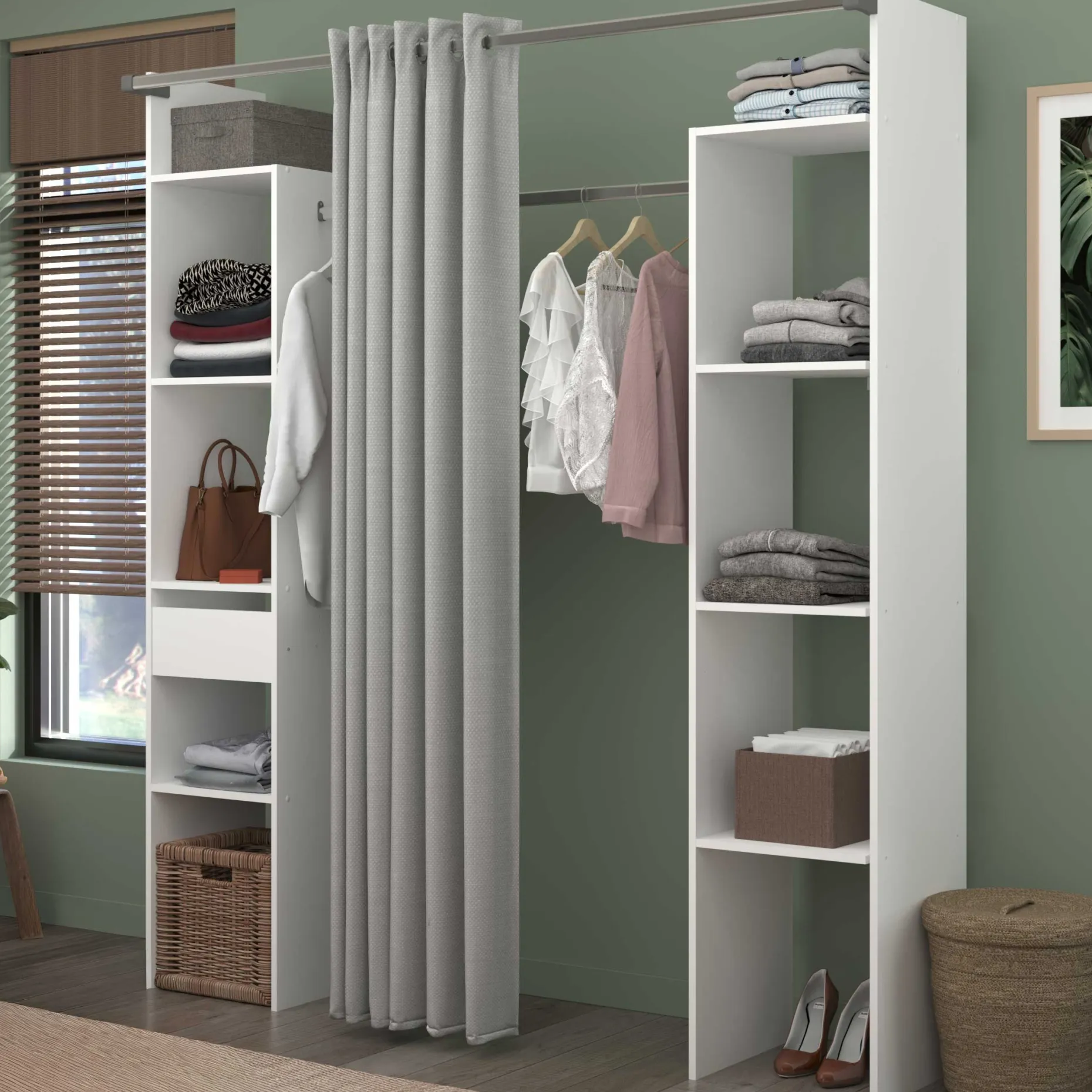 Kleiderschrank Botan 176cm - mit Vorhang - 6 Einlegeböden, 2 Kleiderstangen, 1 Schublade - weiß