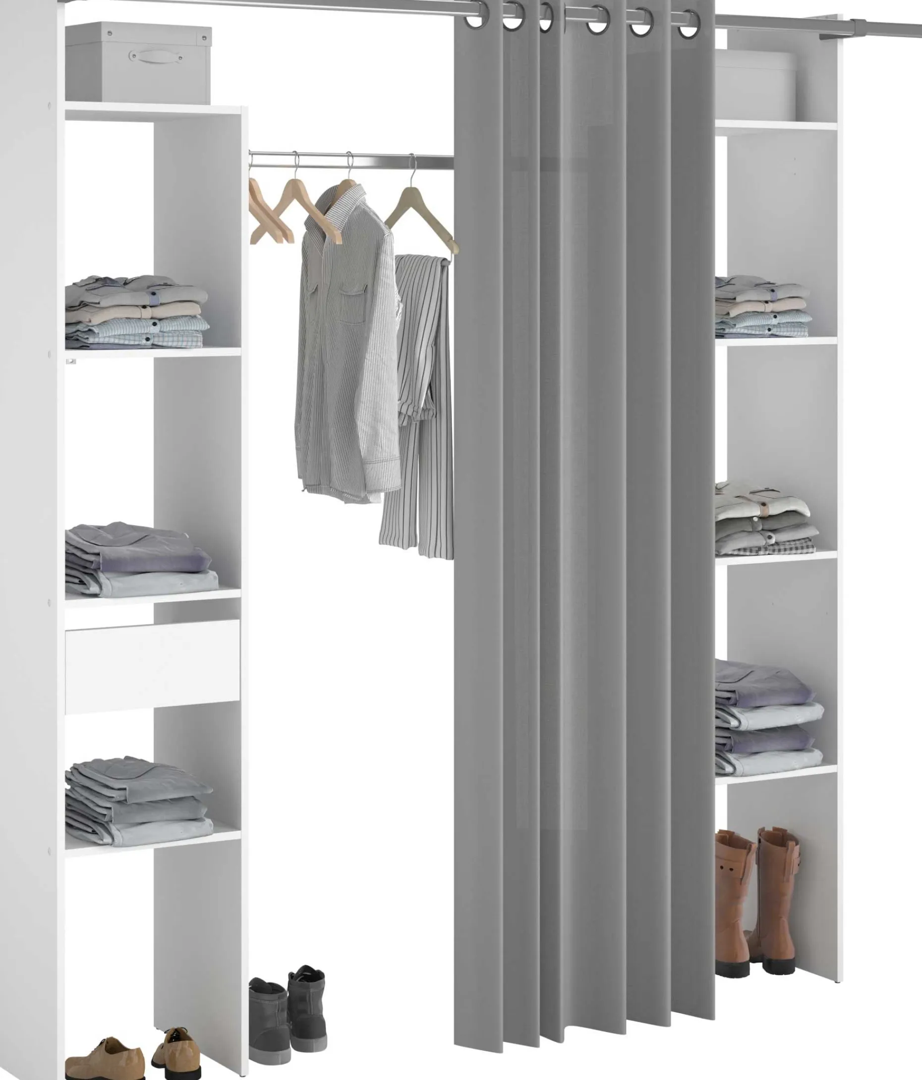 Kleiderschrank Botan 176cm - mit Vorhang - 6 Einlegeböden, 2 Kleiderstangen, 1 Schublade - weiß