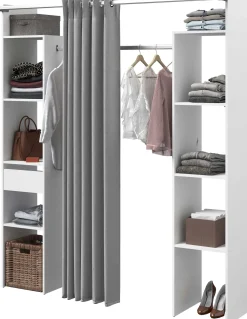 Kleiderschrank Botan 176cm - mit Vorhang - 6 Einlegeböden, 2 Kleiderstangen, 1 Schublade - weiß