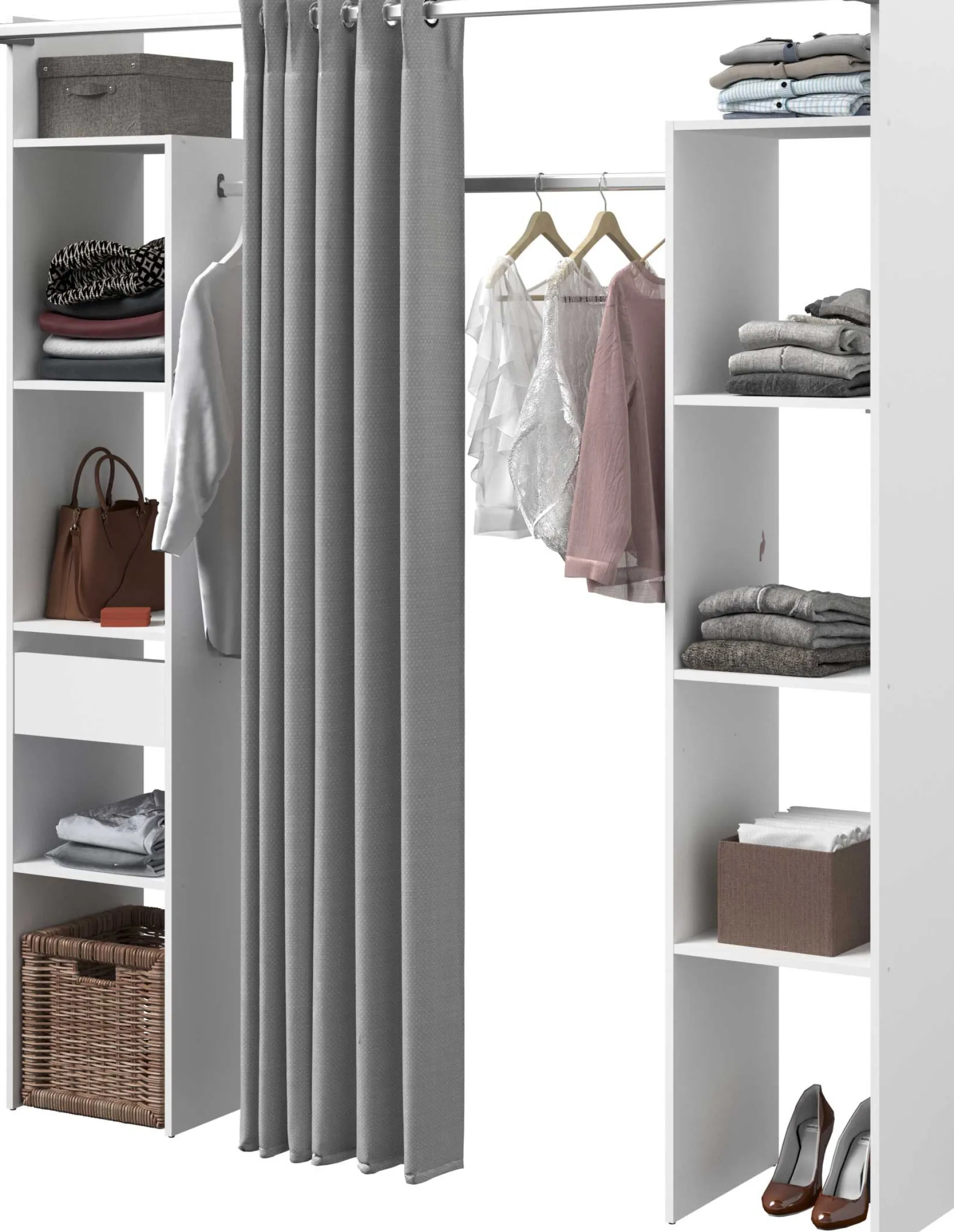 Kleiderschrank Botan 176cm - mit Vorhang - 6 Einlegeböden, 2 Kleiderstangen, 1 Schublade - weiß