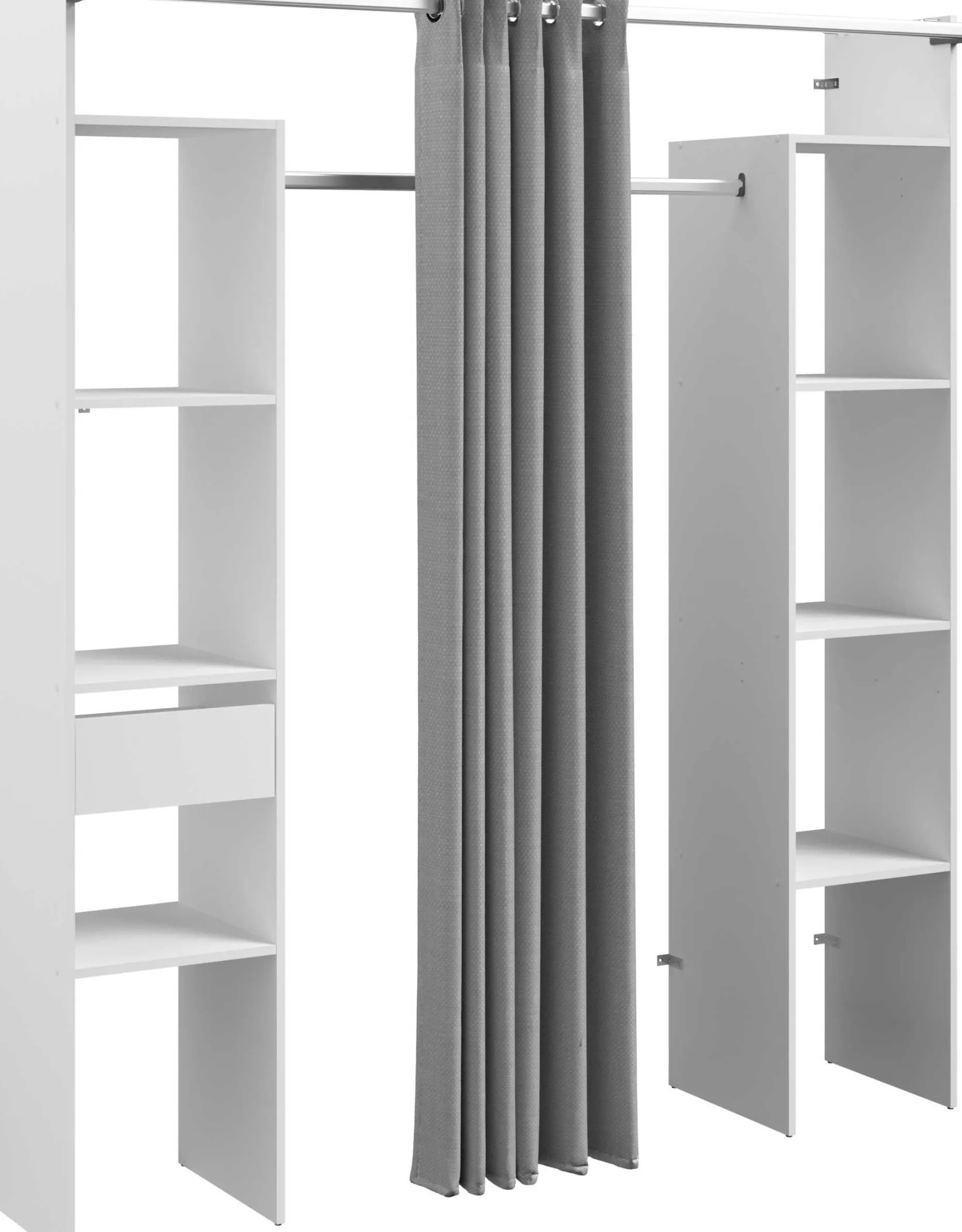 Kleiderschrank Botan 176cm - mit Vorhang - 6 Einlegeböden, 2 Kleiderstangen, 1 Schublade - weiß