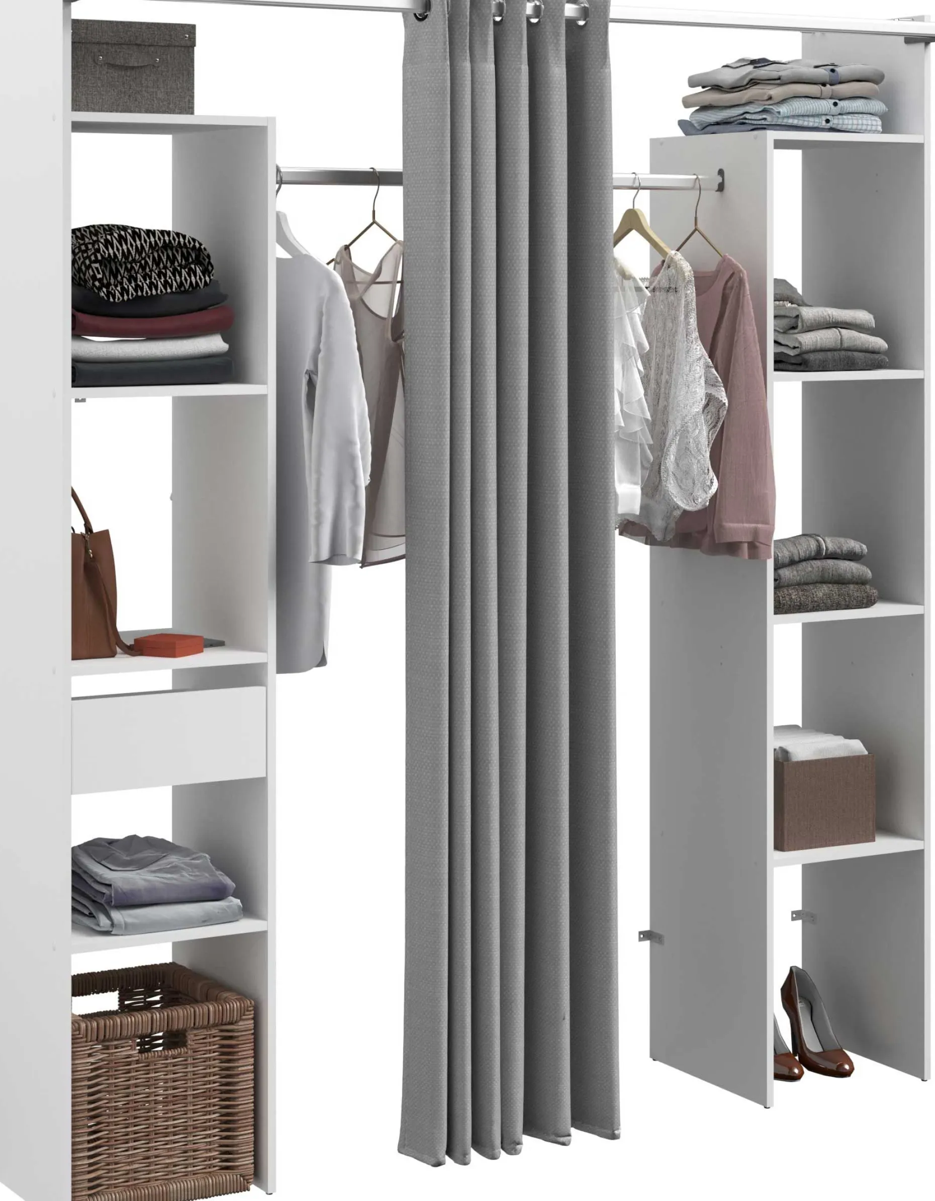 Kleiderschrank Botan 176cm - mit Vorhang - 6 Einlegeböden, 2 Kleiderstangen, 1 Schublade - weiß