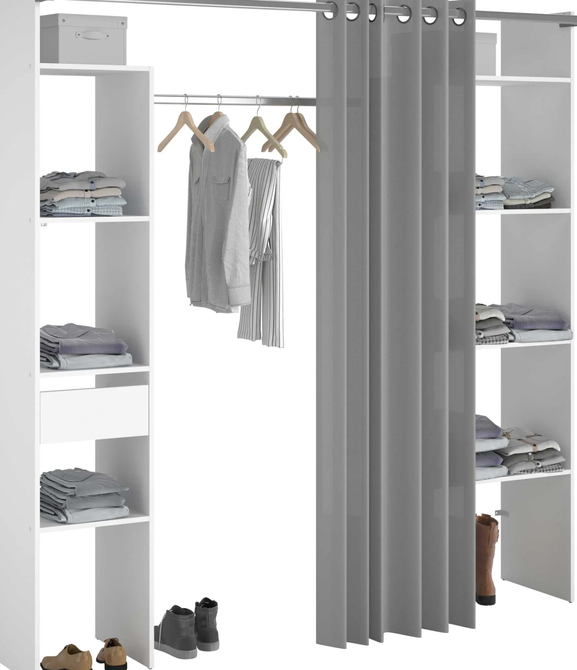 Kleiderschrank Botan 198cm - mit Vorhang - 6 Einlegeböden, 2 Kleiderstangen und 1 Schublade - weiß